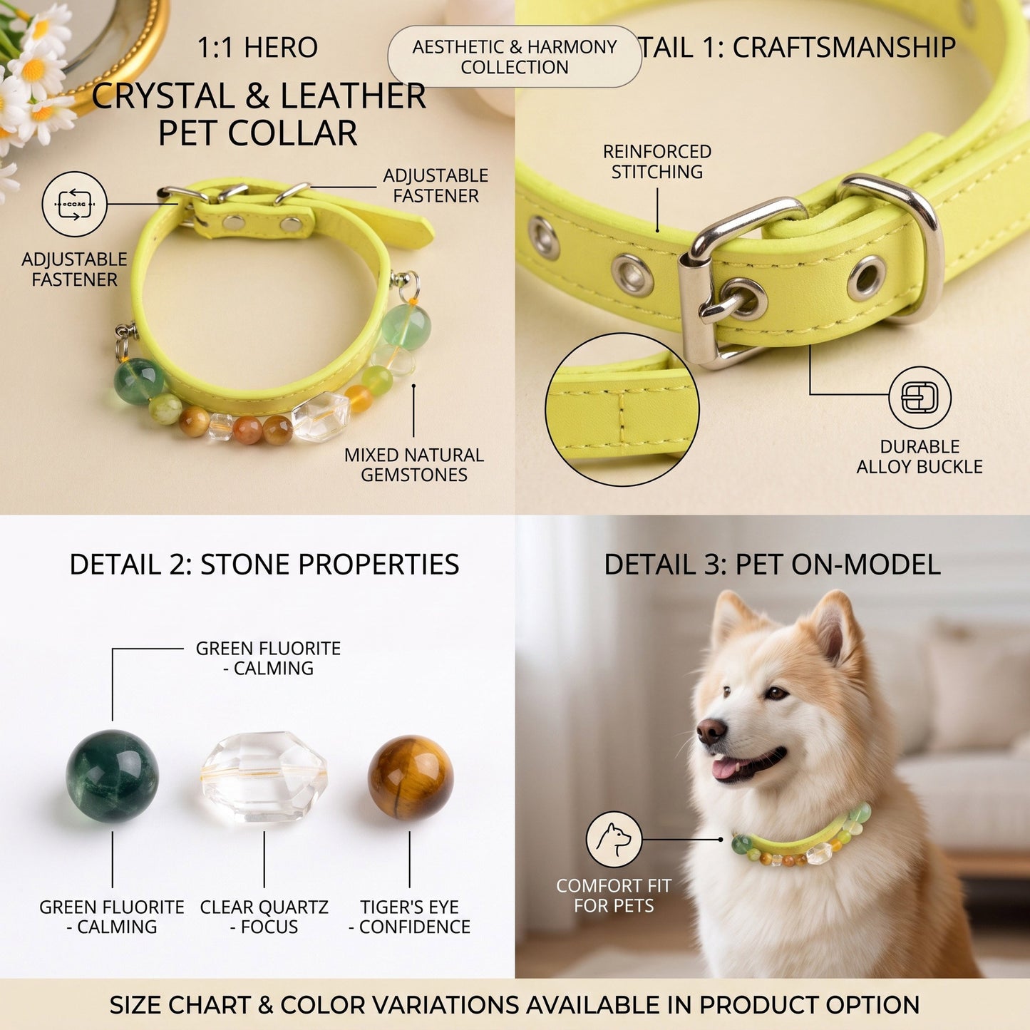 Handmade Natural Crystal Leather Pet Collar for Cats & Dogs | Durable & Stylish Inlaid Genuine Crystal, Calms Anxious Pets & Creates Peaceful Mood, Unique Gift for Small & Medium Sized Dogs and Cats