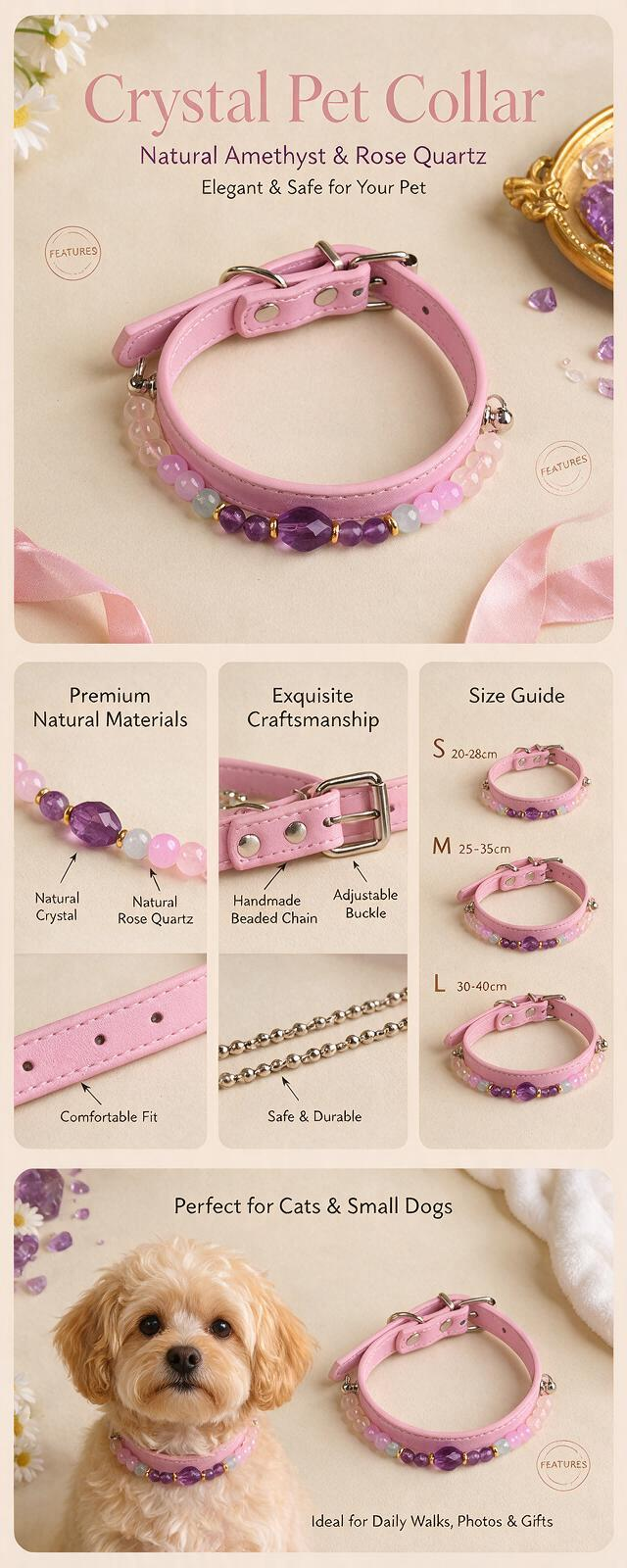 Handmade Natural Crystal Leather Pet Collar for Cats & Dogs | Durable & Stylish Inlaid Genuine Crystal, Calms Anxious Pets & Creates Peaceful Mood, Unique Gift for Small & Medium Sized Dogs and Cats