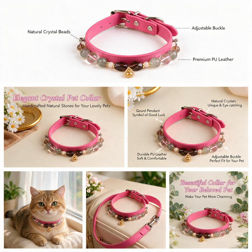 Handmade Natural Crystal Leather Pet Collar for Cats & Dogs | Durable & Stylish Inlaid Genuine Crystal, Calms Anxious Pets & Creates Peaceful Mood, Unique Gift for Small & Medium Sized Dogs and Cats