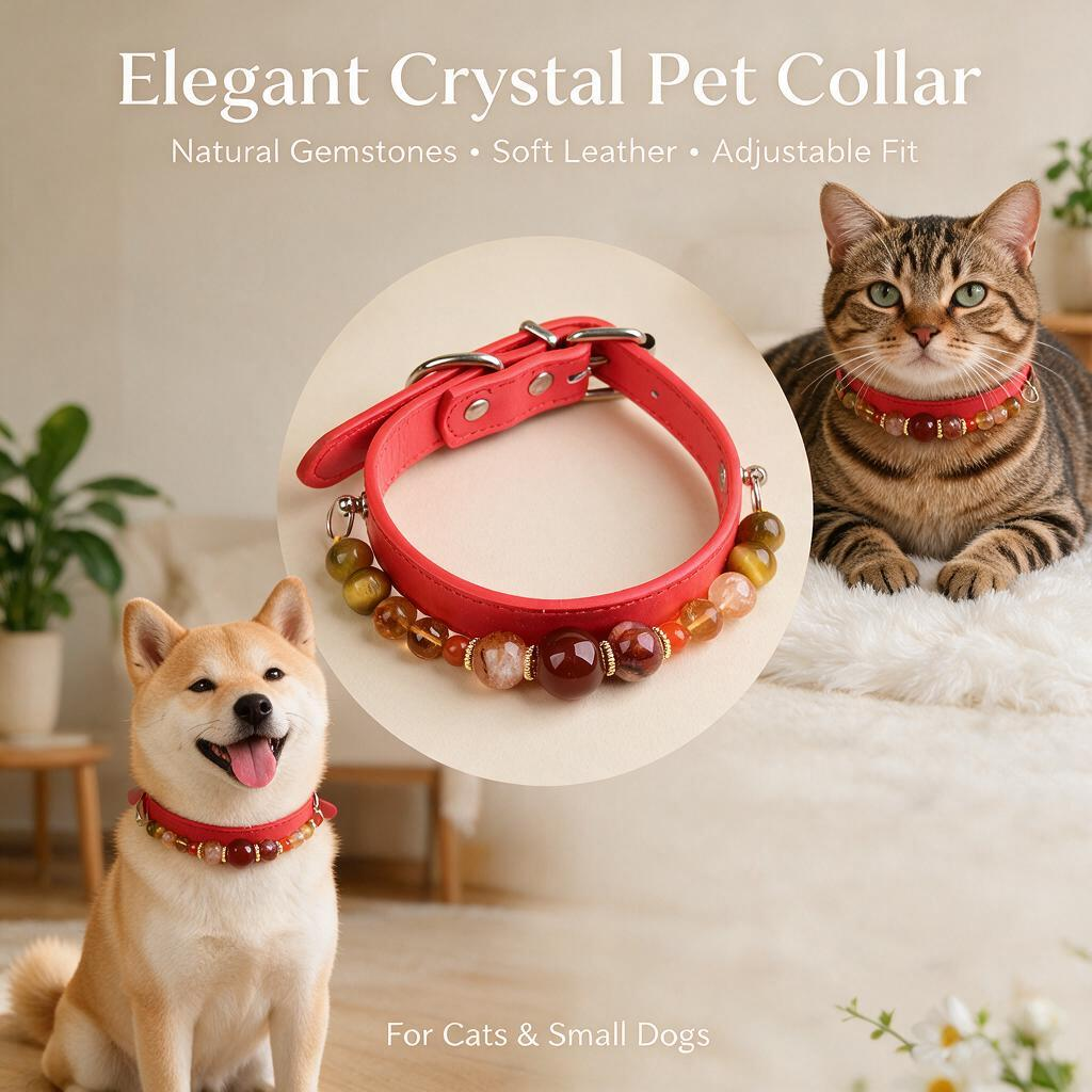 Handmade Natural Crystal Leather Pet Collar for Cats & Dogs | Durable & Stylish Inlaid Genuine Crystal, Calms Anxious Pets & Creates Peaceful Mood, Unique Gift for Small & Medium Sized Dogs and Cats