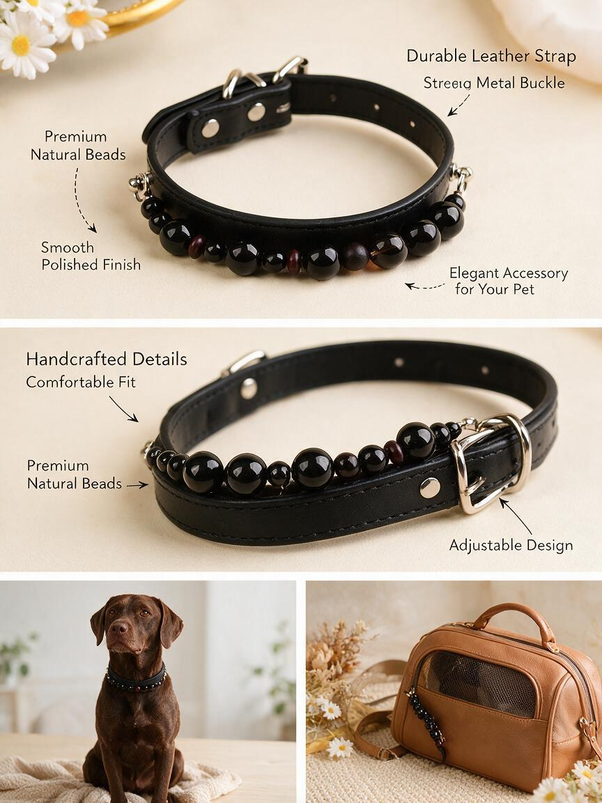 Handmade Natural Crystal Leather Pet Collar for Cats & Dogs | Durable & Stylish Inlaid Genuine Crystal, Calms Anxious Pets & Creates Peaceful Mood, Unique Gift for Small & Medium Sized Dogs and Cats
