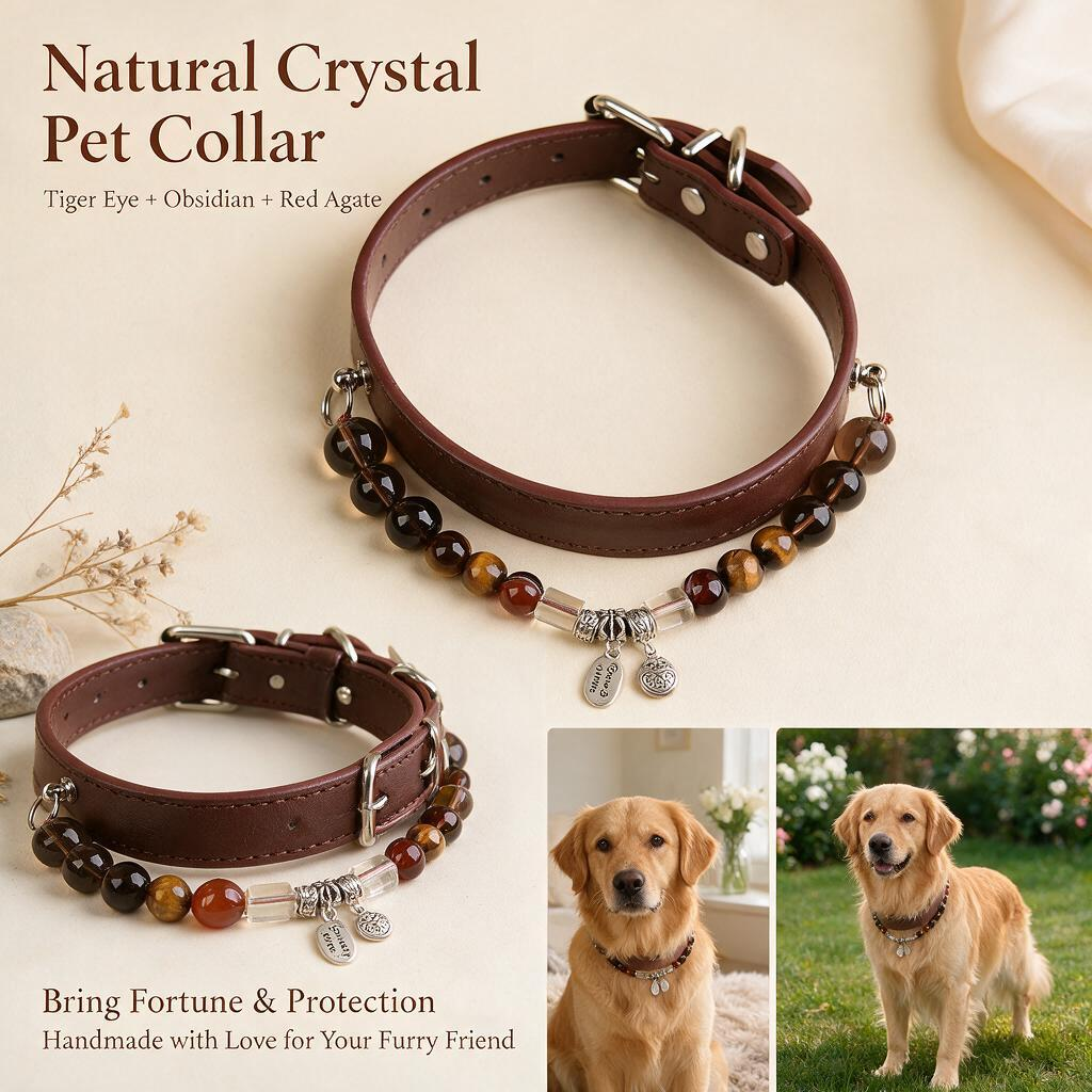 Handmade Natural Crystal Leather Pet Collar for Cats & Dogs | Durable & Stylish Inlaid Genuine Crystal, Calms Anxious Pets & Creates Peaceful Mood, Unique Gift for Small & Medium Sized Dogs and Cats