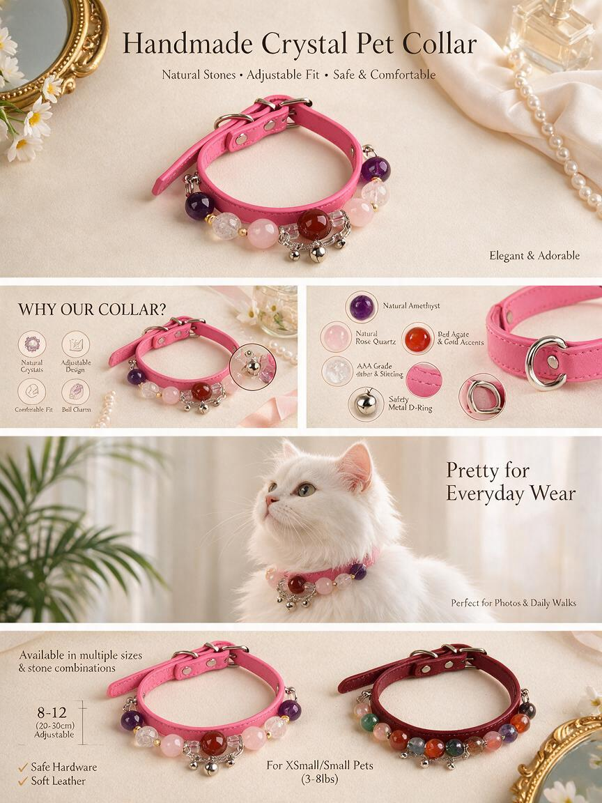 Handmade Natural Crystal Leather Pet Collar for Cats & Dogs | Durable & Stylish Inlaid Genuine Crystal, Calms Anxious Pets & Creates Peaceful Mood, Unique Gift for Small & Medium Sized Dogs and Cats