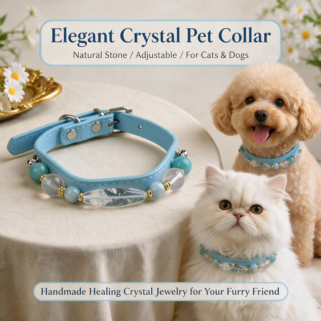 Handmade Natural Crystal Leather Pet Collar for Cats & Dogs | Durable & Stylish Inlaid Genuine Crystal, Calms Anxious Pets & Creates Peaceful Mood, Unique Gift for Small & Medium Sized Dogs and Cats