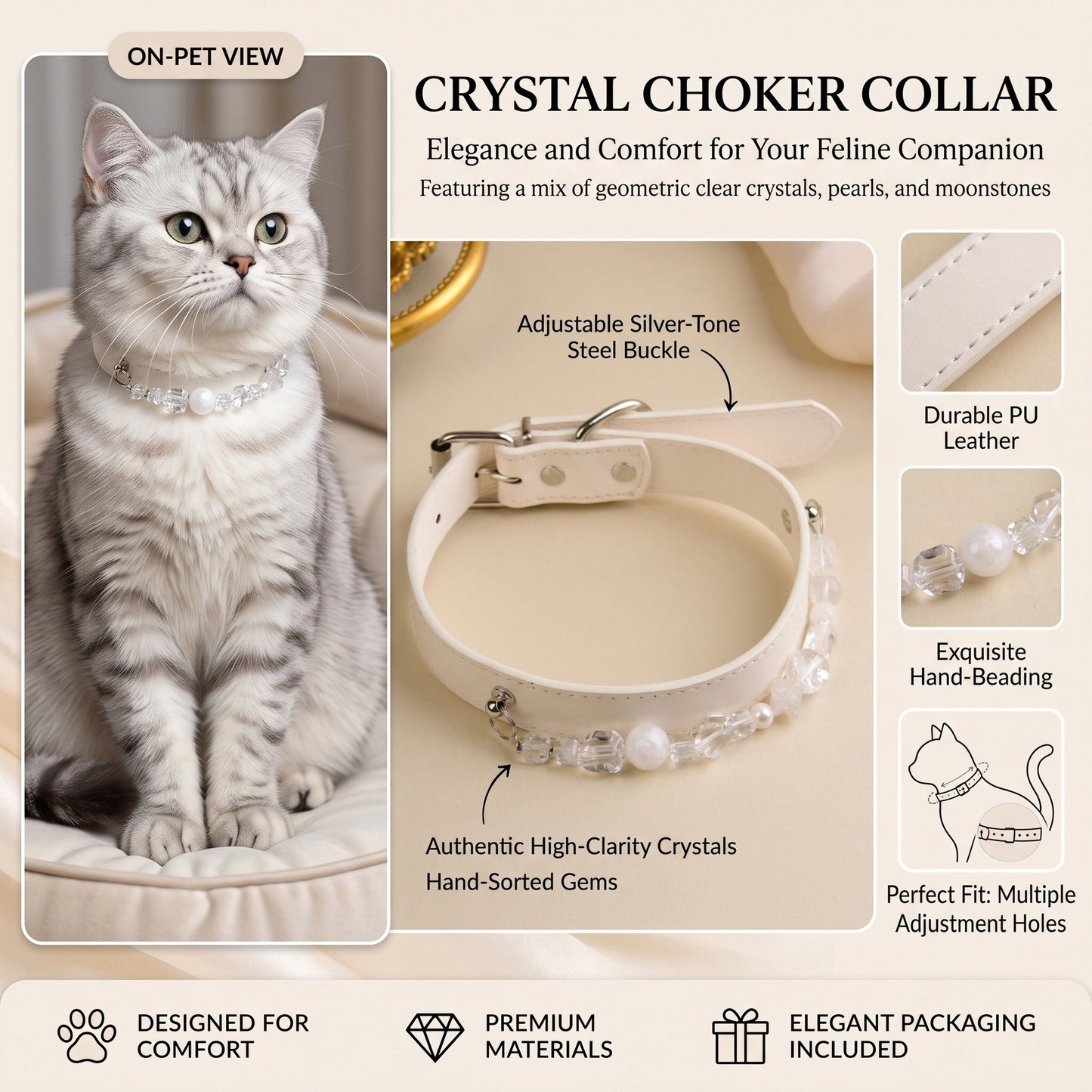 Handmade Natural Crystal Leather Pet Collar for Cats & Dogs | Durable & Stylish Inlaid Genuine Crystal, Calms Anxious Pets & Creates Peaceful Mood, Unique Gift for Small & Medium Sized Dogs and Cats