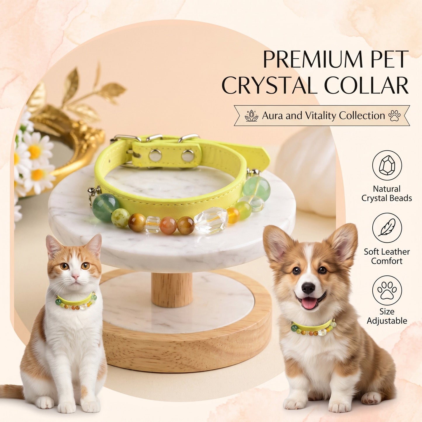 Handmade Natural Crystal Leather Pet Collar for Cats & Dogs | Durable & Stylish Inlaid Genuine Crystal, Calms Anxious Pets & Creates Peaceful Mood, Unique Gift for Small & Medium Sized Dogs and Cats