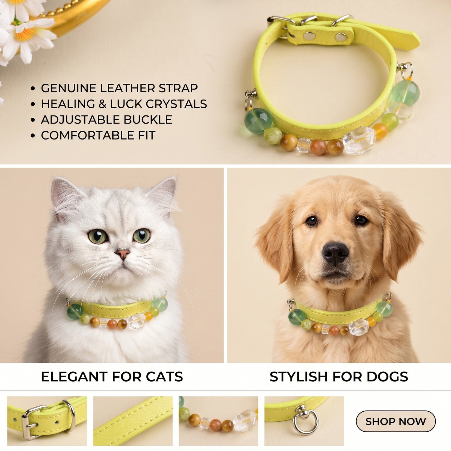 Handmade Natural Crystal Leather Pet Collar for Cats & Dogs | Durable & Stylish Inlaid Genuine Crystal, Calms Anxious Pets & Creates Peaceful Mood, Unique Gift for Small & Medium Sized Dogs and Cats