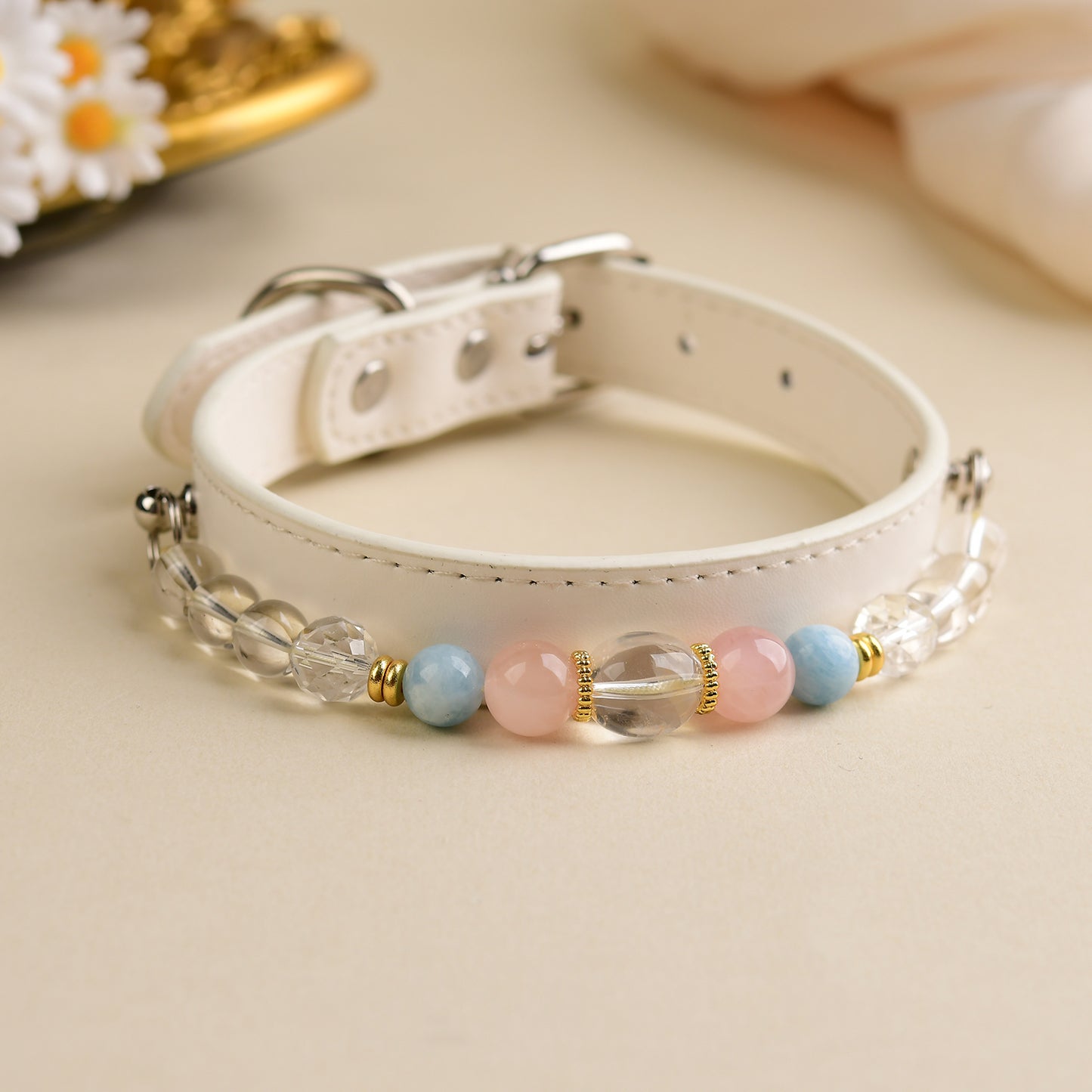Handmade Natural Crystal Leather Pet Collar for Cats & Dogs | Durable & Stylish Inlaid Genuine Crystal, Calms Anxious Pets & Creates Peaceful Mood, Unique Gift for Small & Medium Sized Dogs and Cats