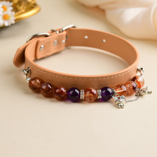 Handmade Natural Crystal Leather Pet Collar for Cats & Dogs | Durable & Stylish Inlaid Genuine Crystal, Calms Anxious Pets & Creates Peaceful Mood, Unique Gift for Small & Medium Sized Dogs and Cats