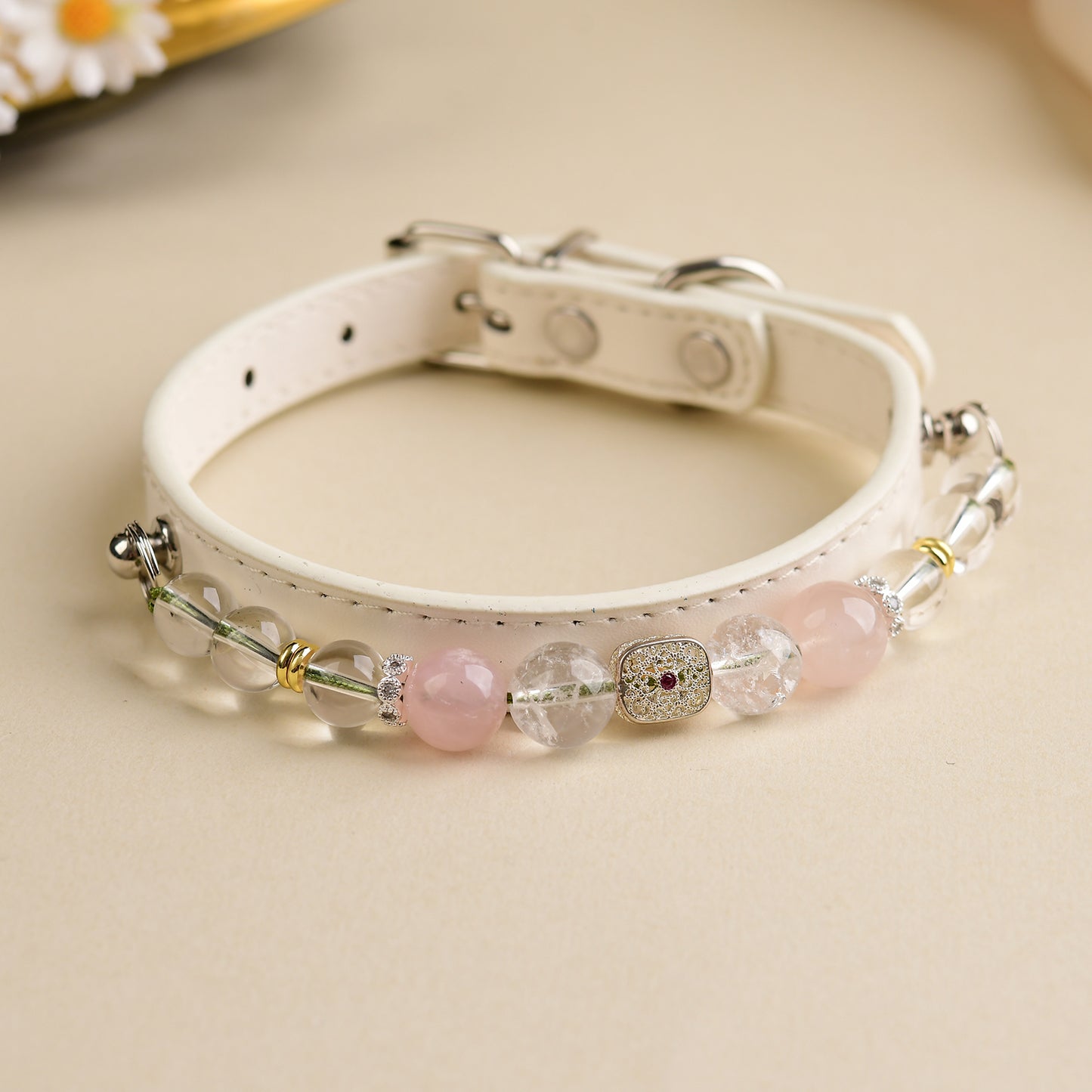 Handmade Natural Crystal Leather Pet Collar for Cats & Dogs | Durable & Stylish Inlaid Genuine Crystal, Calms Anxious Pets & Creates Peaceful Mood, Unique Gift for Small & Medium Sized Dogs and Cats
