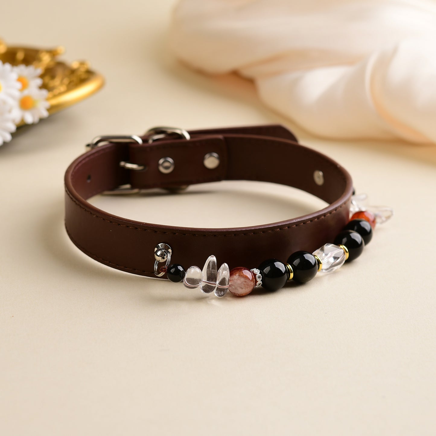 Handmade Natural Crystal Leather Pet Collar for Cats & Dogs | Durable & Stylish Inlaid Genuine Crystal, Calms Anxious Pets & Creates Peaceful Mood, Unique Gift for Small & Medium Sized Dogs and Cats
