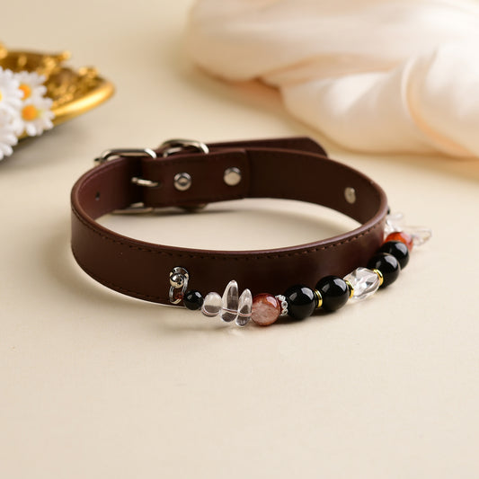 Handmade Natural Crystal Leather Pet Collar for Cats & Dogs | Durable & Stylish Inlaid Genuine Crystal, Calms Anxious Pets & Creates Peaceful Mood, Unique Gift for Small & Medium Sized Dogs and Cats