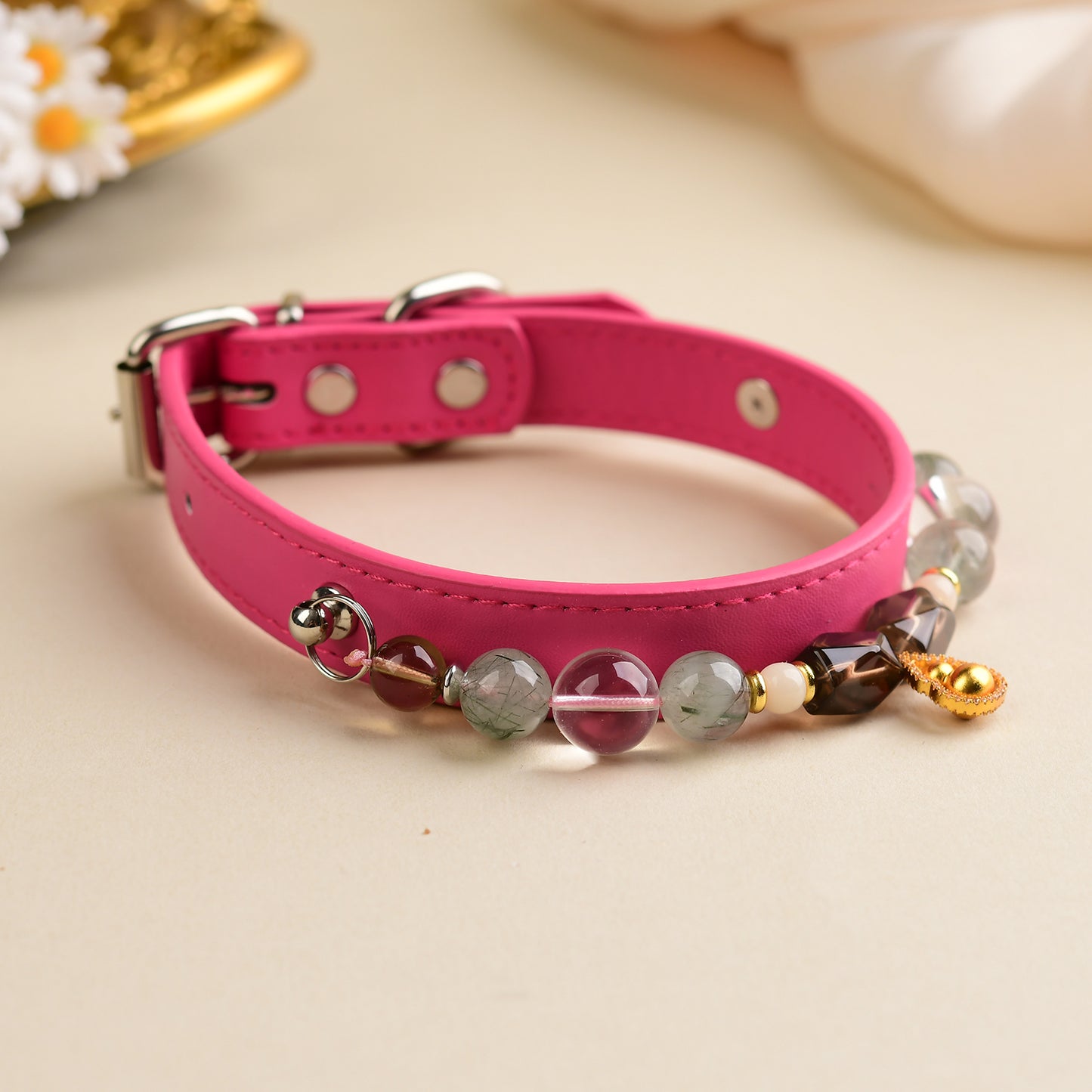 Handmade Natural Crystal Leather Pet Collar for Cats & Dogs | Durable & Stylish Inlaid Genuine Crystal, Calms Anxious Pets & Creates Peaceful Mood, Unique Gift for Small & Medium Sized Dogs and Cats