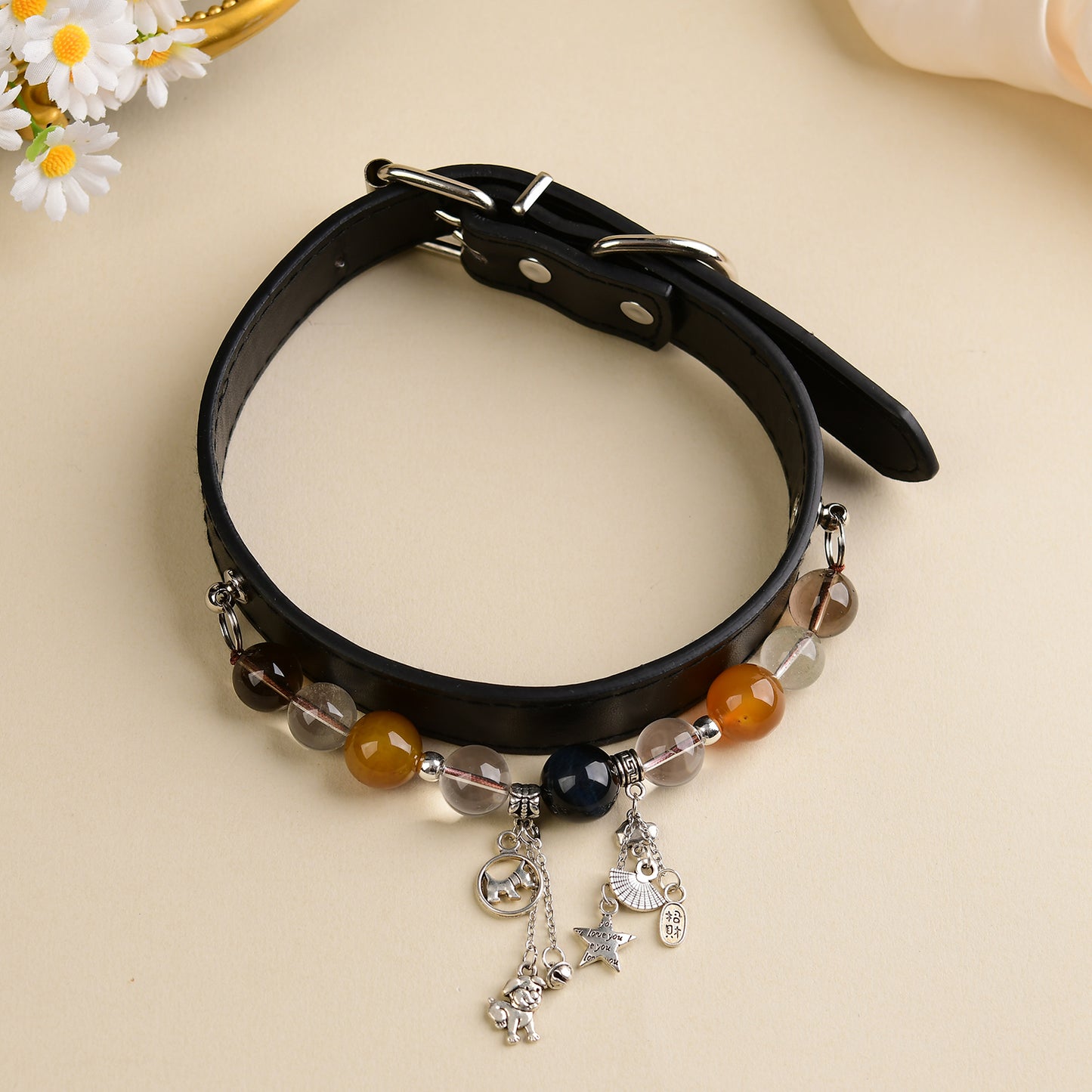 Handmade Natural Crystal Leather Pet Collar for Cats & Dogs | Durable & Stylish Inlaid Genuine Crystal, Calms Anxious Pets & Creates Peaceful Mood, Unique Gift for Small & Medium Sized Dogs and Cats