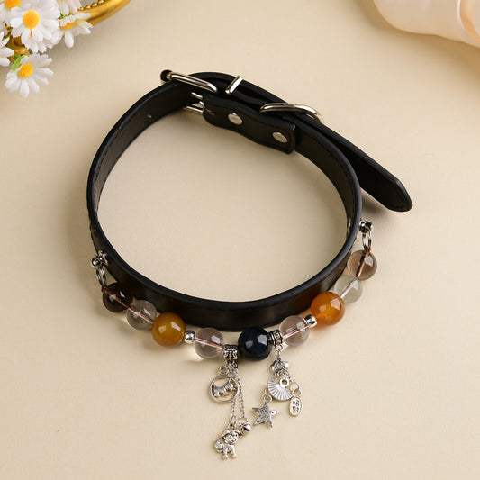 Handmade Natural Crystal Leather Pet Collar for Cats & Dogs | Durable & Stylish Inlaid Genuine Crystal, Calms Anxious Pets & Creates Peaceful Mood, Unique Gift for Small & Medium Sized Dogs and Cats