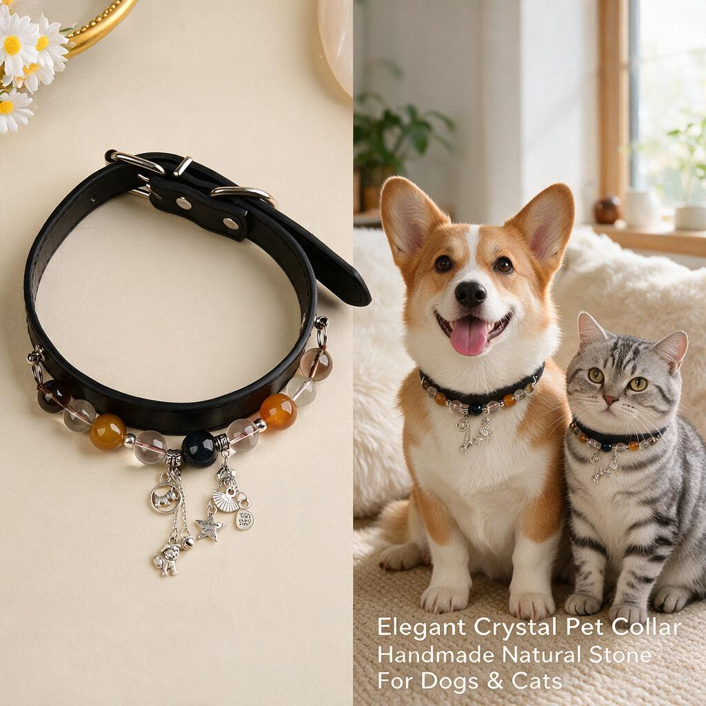 Handmade Natural Crystal Leather Pet Collar for Cats & Dogs | Durable & Stylish Inlaid Genuine Crystal, Calms Anxious Pets & Creates Peaceful Mood, Unique Gift for Small & Medium Sized Dogs and Cats