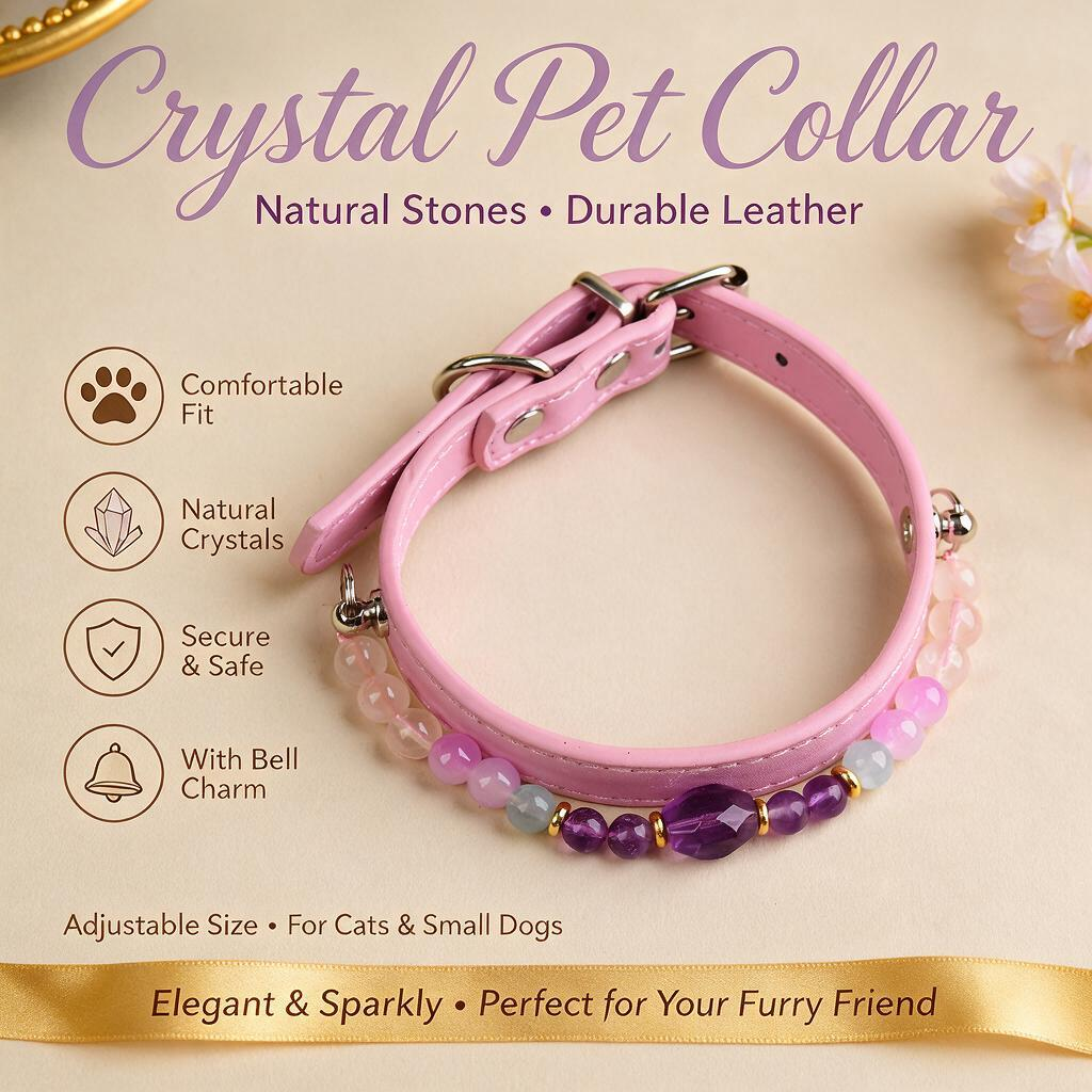 Handmade Natural Crystal Leather Pet Collar for Cats & Dogs | Durable & Stylish Inlaid Genuine Crystal, Calms Anxious Pets & Creates Peaceful Mood, Unique Gift for Small & Medium Sized Dogs and Cats