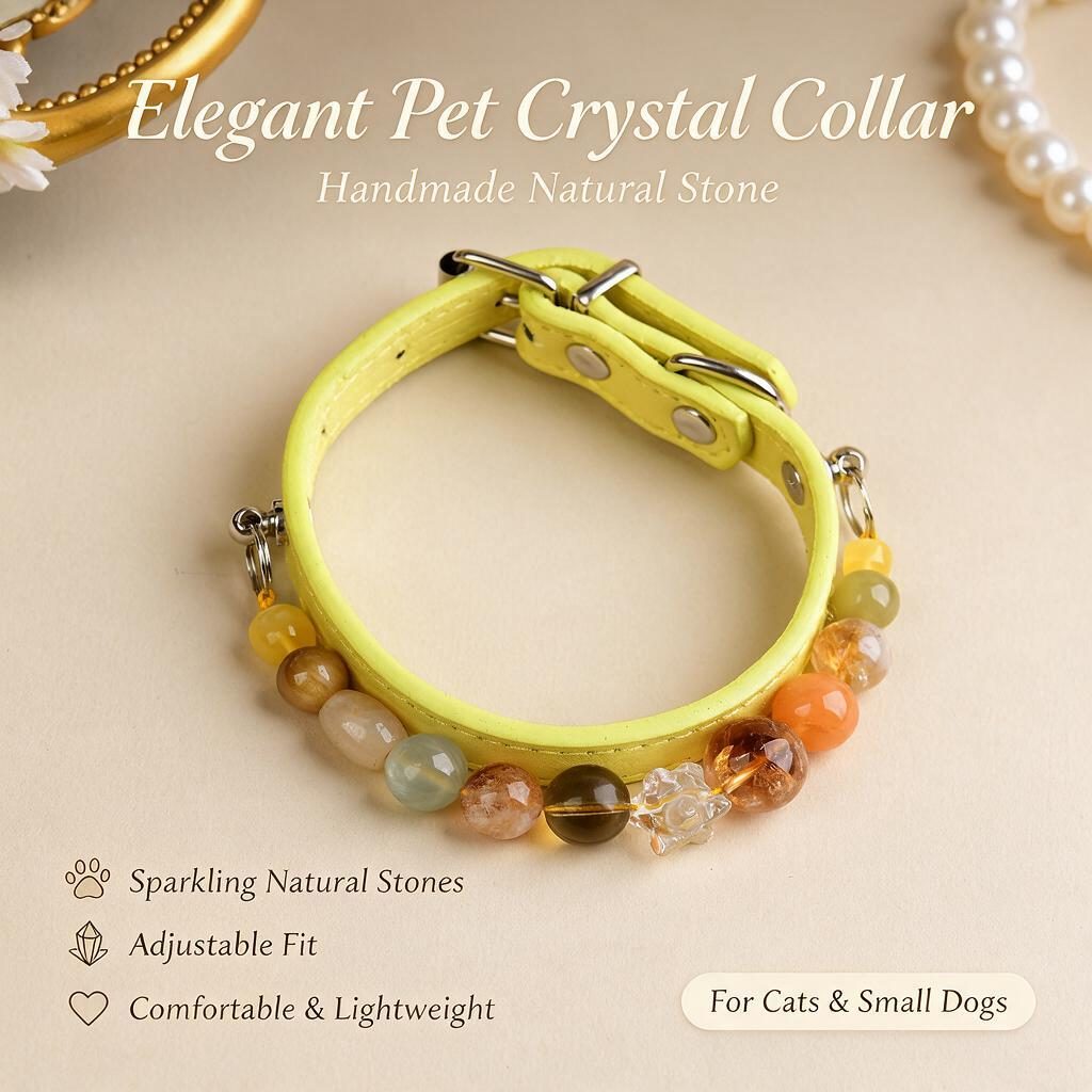Handmade Natural Crystal Leather Pet Collar for Cats & Dogs | Durable & Stylish Inlaid Genuine Crystal, Calms Anxious Pets & Creates Peaceful Mood, Unique Gift for Small & Medium Sized Dogs and Cats