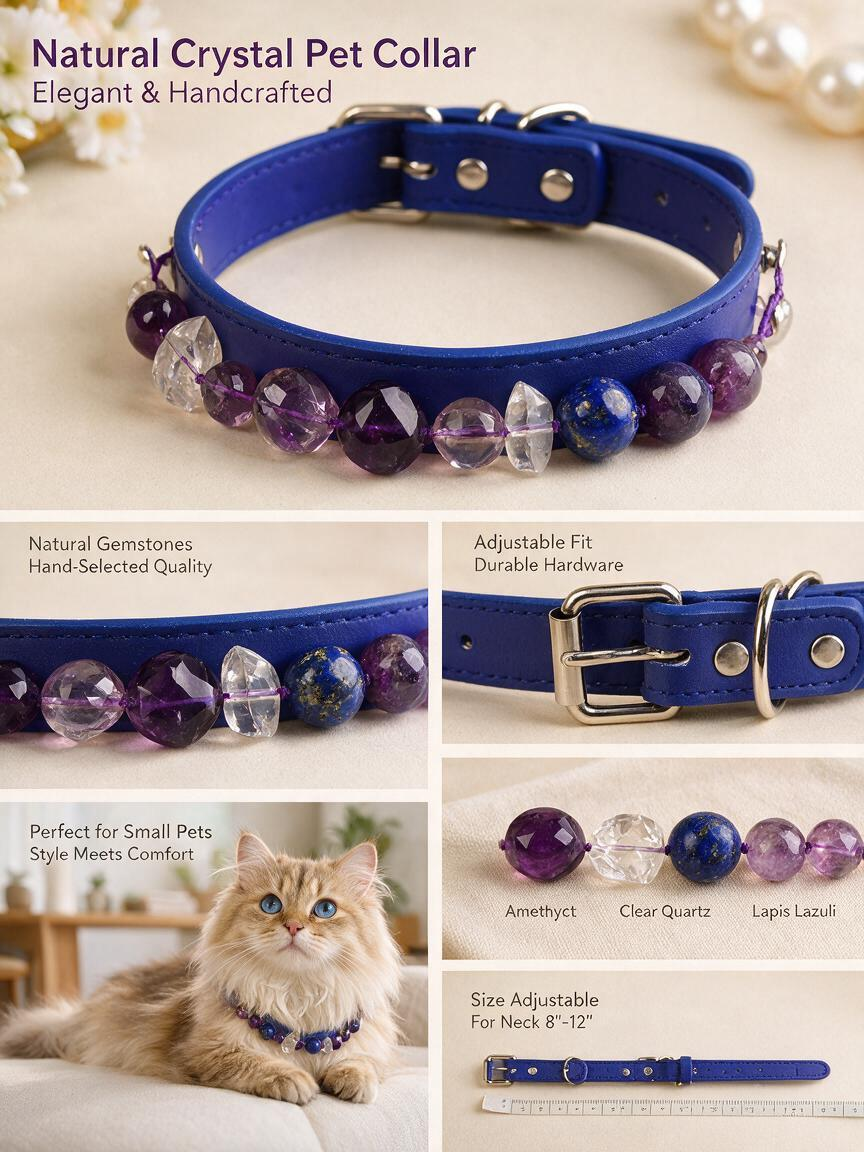 Handmade Natural Crystal Leather Pet Collar for Cats & Dogs | Durable & Stylish Inlaid Genuine Crystal, Calms Anxious Pets & Creates Peaceful Mood, Unique Gift for Small & Medium Sized Dogs and Cats