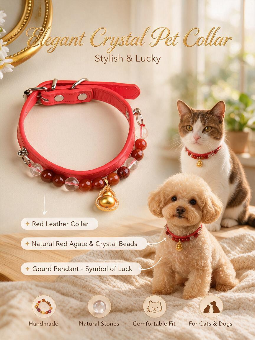 Handmade Natural Crystal Leather Pet Collar for Cats & Dogs | Durable & Stylish Inlaid Genuine Crystal, Calms Anxious Pets & Creates Peaceful Mood, Unique Gift for Small & Medium Sized Dogs and Cats