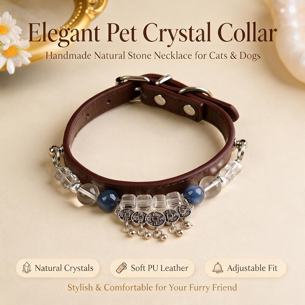 Handmade Natural Crystal Leather Pet Collar for Cats & Dogs | Durable & Stylish Inlaid Genuine Crystal, Calms Anxious Pets & Creates Peaceful Mood, Unique Gift for Small & Medium Sized Dogs and Cats