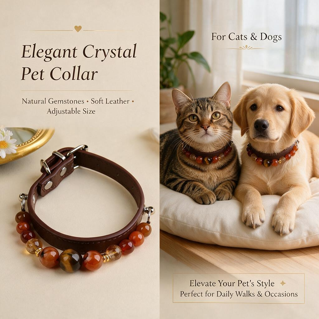Handmade Natural Crystal Leather Pet Collar for Cats & Dogs | Durable & Stylish Inlaid Genuine Crystal, Calms Anxious Pets & Creates Peaceful Mood, Unique Gift for Small & Medium Sized Dogs and Cats