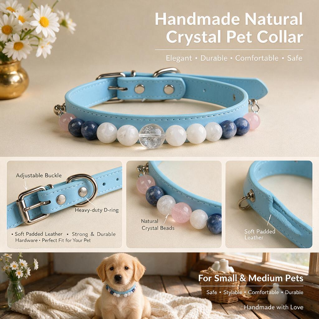 Handmade Natural Crystal Leather Pet Collar for Cats & Dogs | Durable & Stylish Inlaid Genuine Crystal, Calms Anxious Pets & Creates Peaceful Mood, Unique Gift for Small & Medium Sized Dogs and Cats
