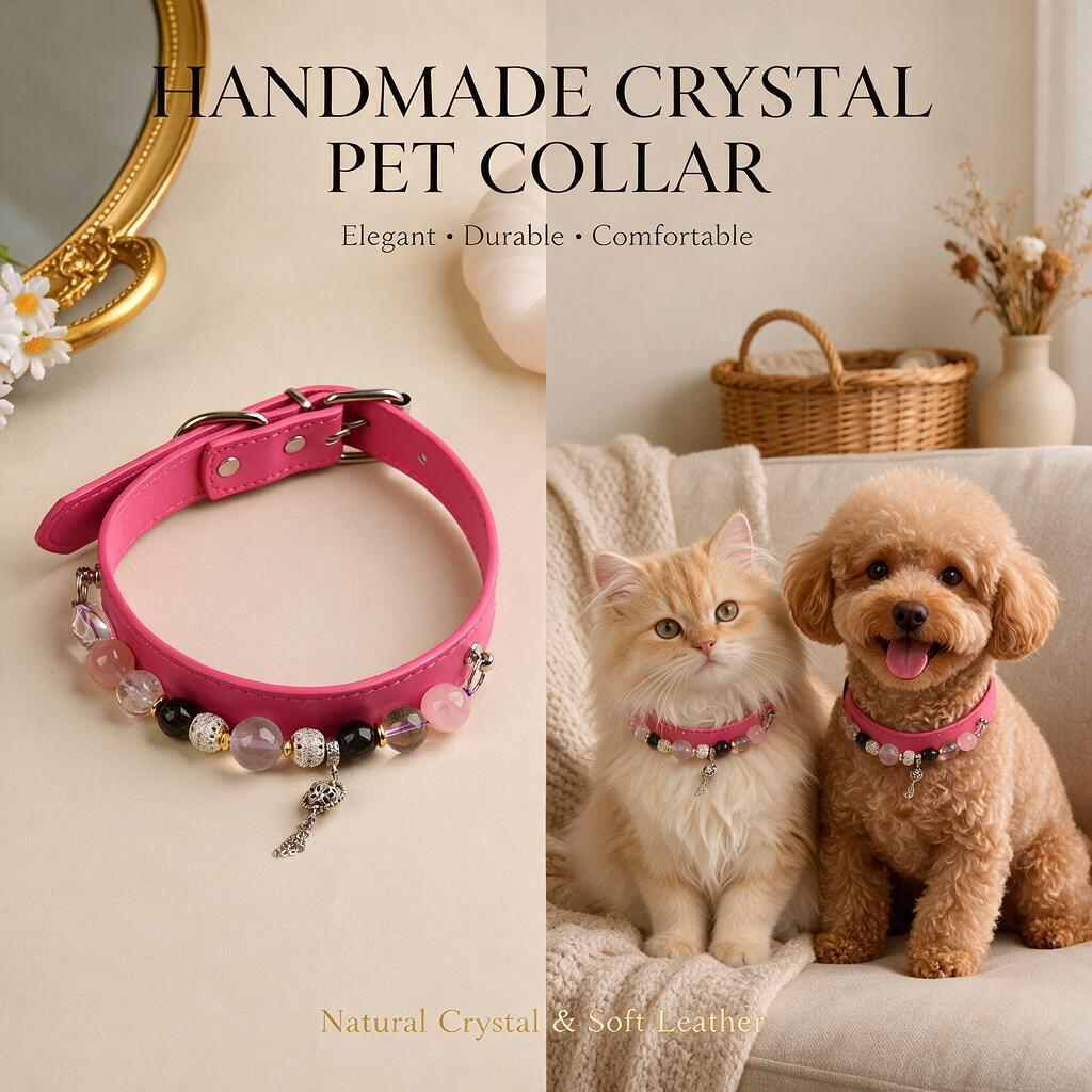 Handmade Natural Crystal Leather Pet Collar for Cats & Dogs | Durable & Stylish Inlaid Genuine Crystal, Calms Anxious Pets & Creates Peaceful Mood, Unique Gift for Small & Medium Sized Dogs and Cats