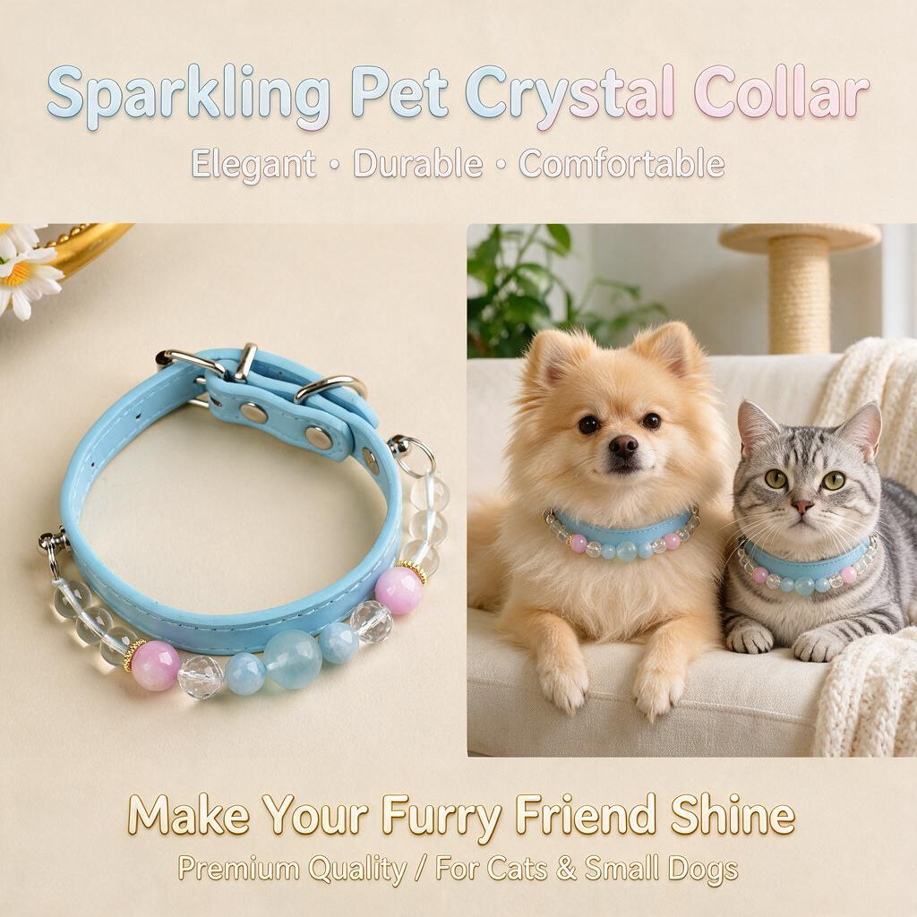 Handmade Natural Crystal Leather Pet Collar for Cats & Dogs | Durable & Stylish Inlaid Genuine Crystal, Calms Anxious Pets & Creates Peaceful Mood, Unique Gift for Small & Medium Sized Dogs and Cats