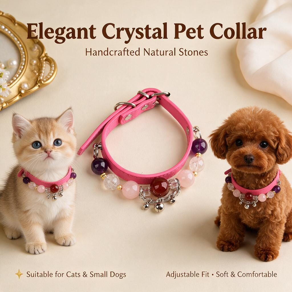 Handmade Natural Crystal Leather Pet Collar for Cats & Dogs | Durable & Stylish Inlaid Genuine Crystal, Calms Anxious Pets & Creates Peaceful Mood, Unique Gift for Small & Medium Sized Dogs and Cats