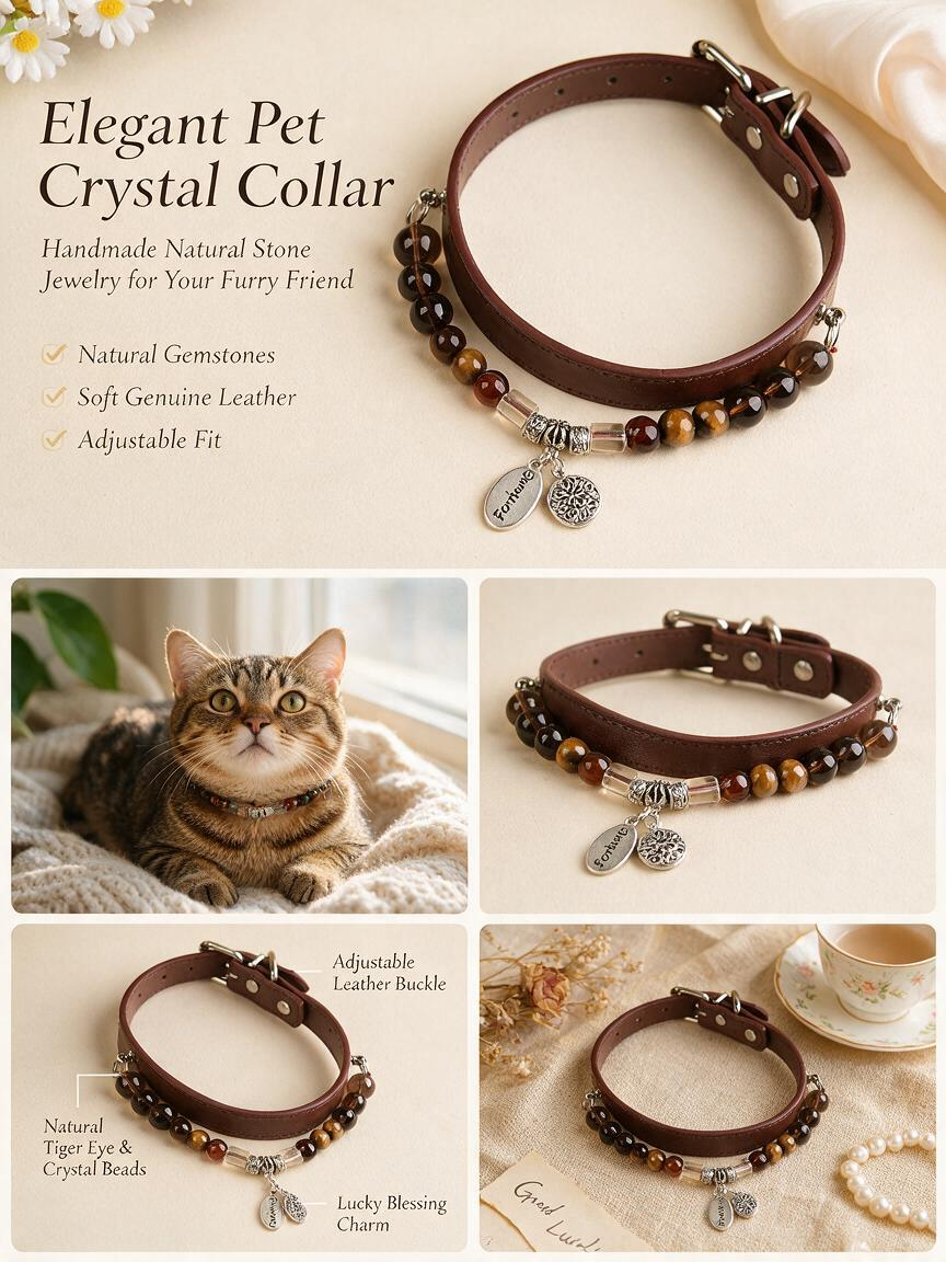 Handmade Natural Crystal Leather Pet Collar for Cats & Dogs | Durable & Stylish Inlaid Genuine Crystal, Calms Anxious Pets & Creates Peaceful Mood, Unique Gift for Small & Medium Sized Dogs and Cats