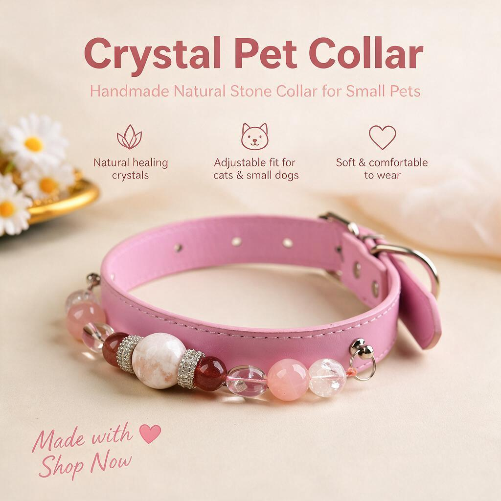 Handmade Natural Crystal Leather Pet Collar for Cats & Dogs | Durable & Stylish Inlaid Genuine Crystal, Calms Anxious Pets & Creates Peaceful Mood, Unique Gift for Small & Medium Sized Dogs and Cats