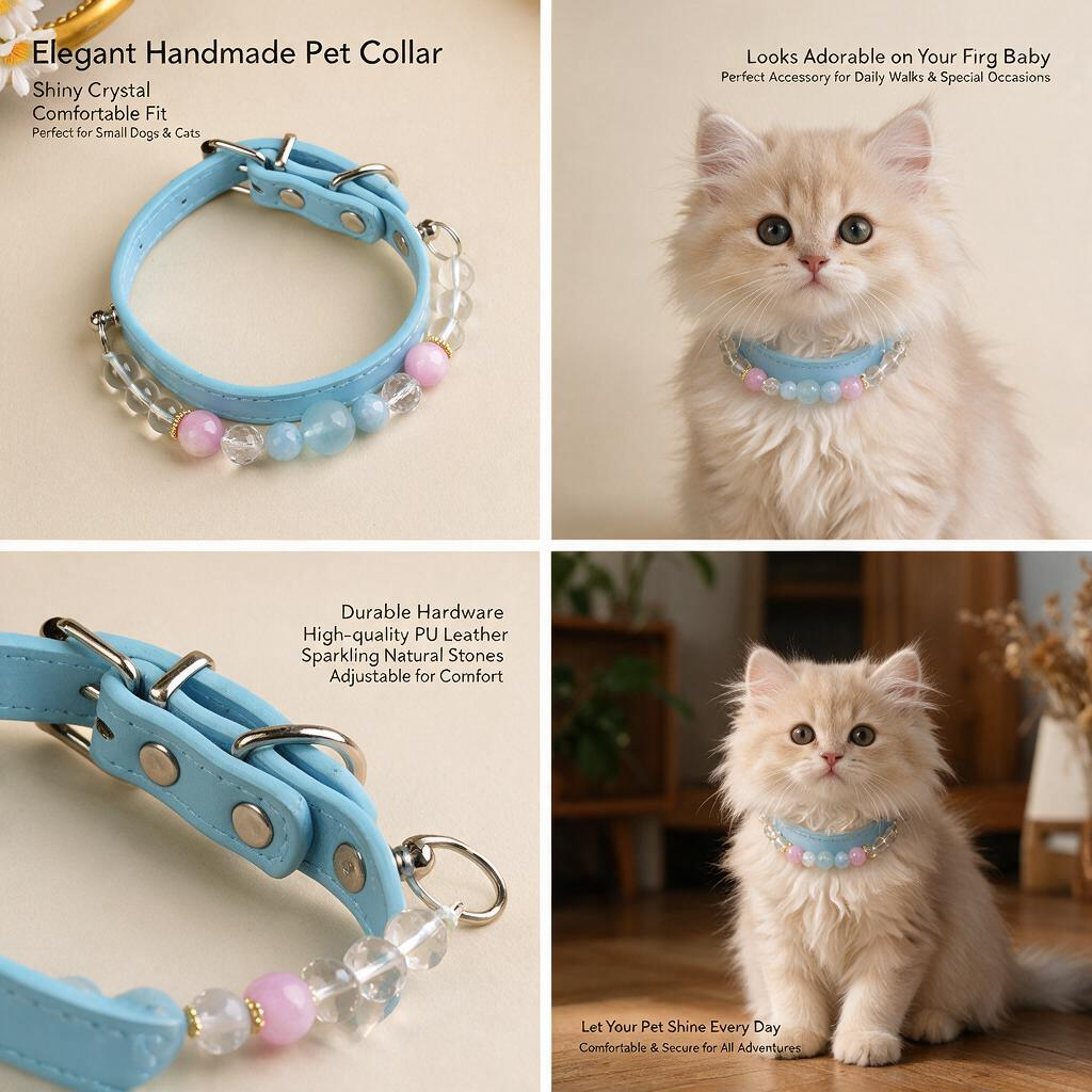 Handmade Natural Crystal Leather Pet Collar for Cats & Dogs | Durable & Stylish Inlaid Genuine Crystal, Calms Anxious Pets & Creates Peaceful Mood, Unique Gift for Small & Medium Sized Dogs and Cats