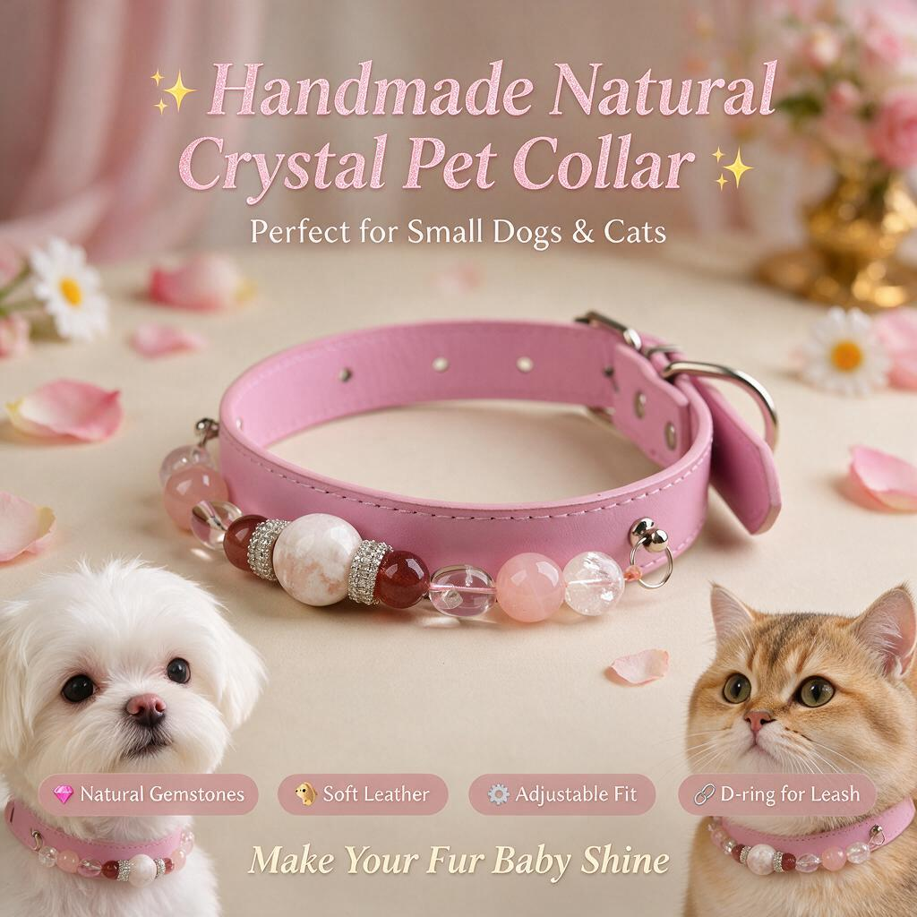 Handmade Natural Crystal Leather Pet Collar for Cats & Dogs | Durable & Stylish Inlaid Genuine Crystal, Calms Anxious Pets & Creates Peaceful Mood, Unique Gift for Small & Medium Sized Dogs and Cats