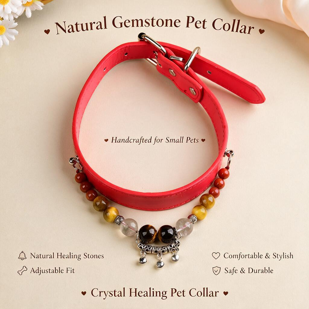 Handmade Natural Crystal Leather Pet Collar for Cats & Dogs | Durable & Stylish Inlaid Genuine Crystal, Calms Anxious Pets & Creates Peaceful Mood, Unique Gift for Small & Medium Sized Dogs and Cats