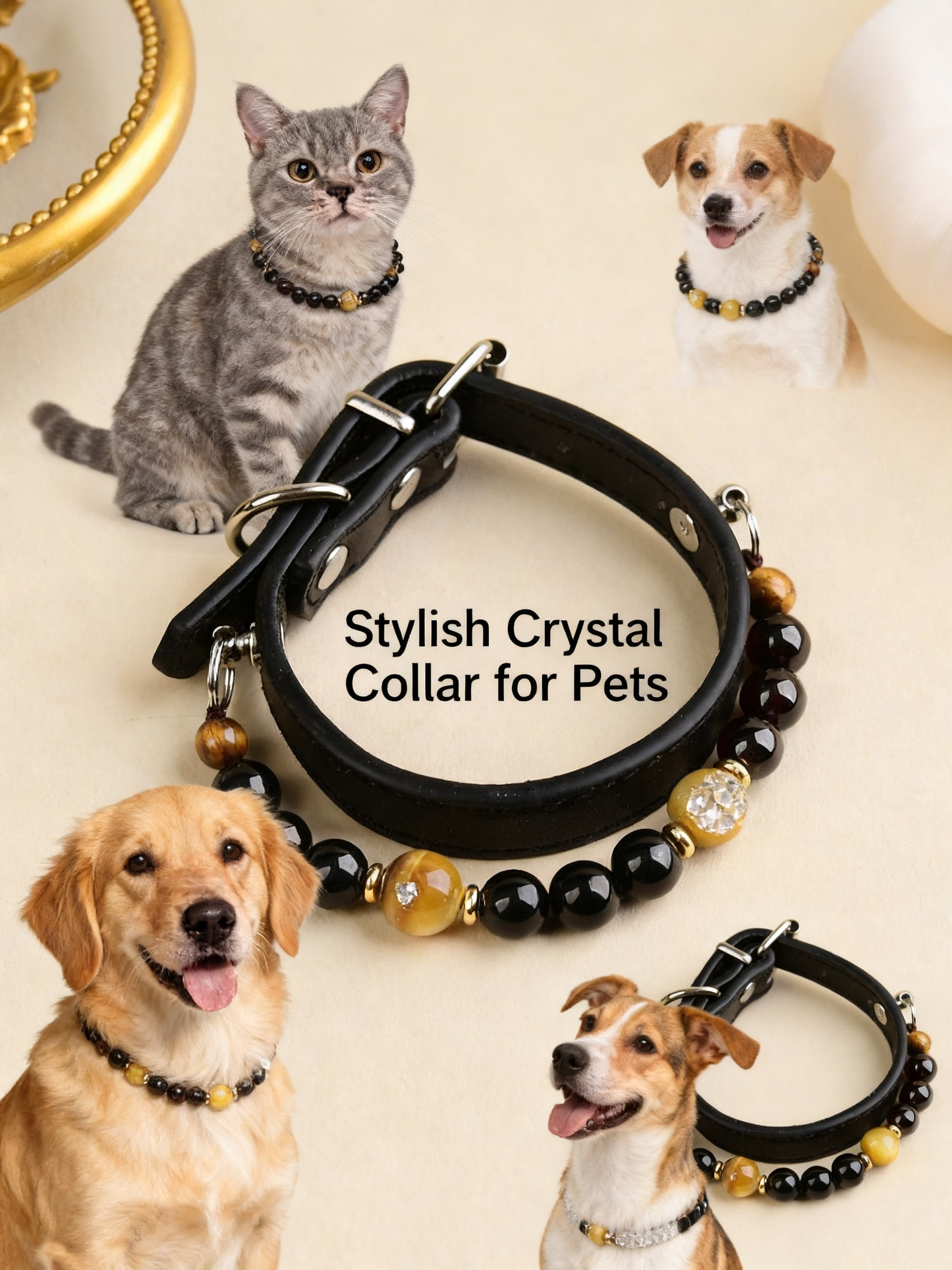 Handmade Natural Crystal Leather Pet Collar for Cats & Dogs | Durable & Stylish Inlaid Genuine Crystal, Calms Anxious Pets & Creates Peaceful Mood, Unique Gift for Small & Medium Sized Dogs and Cats