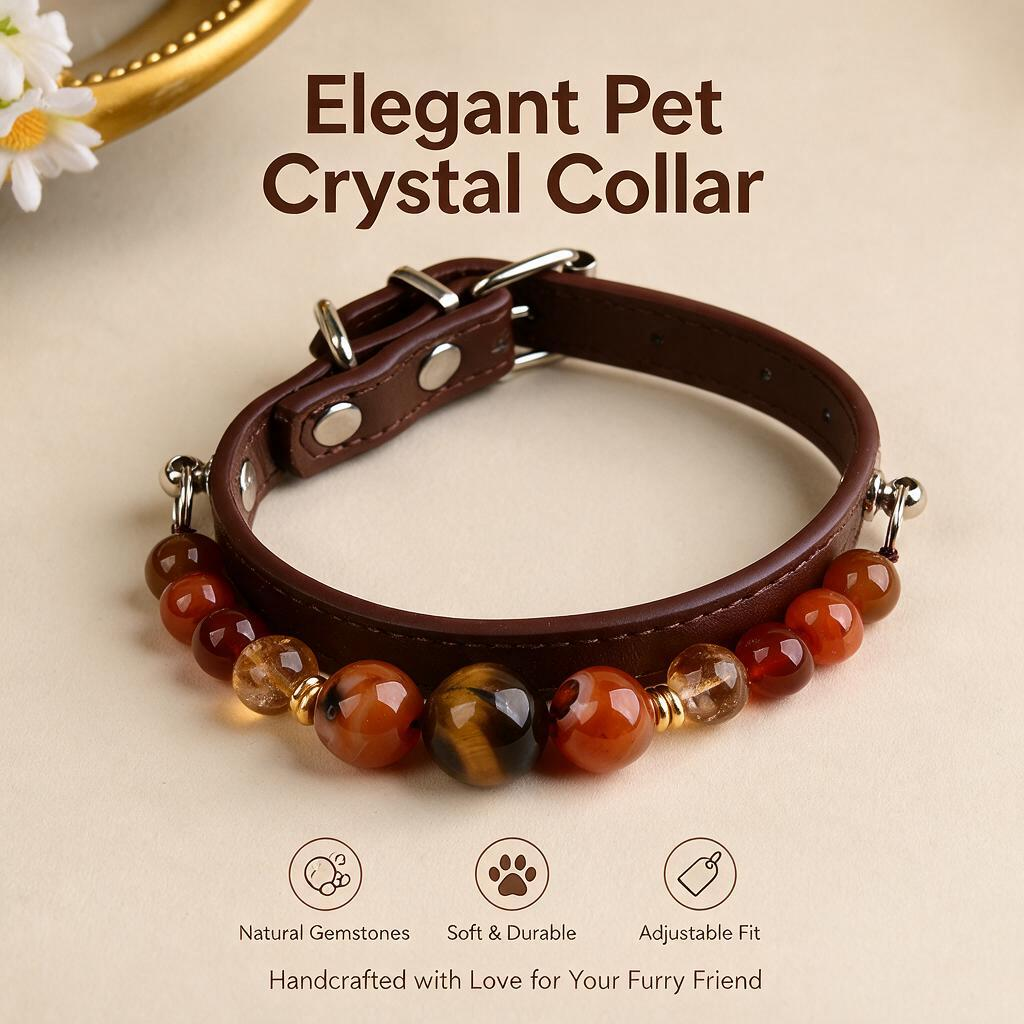 Handmade Natural Crystal Leather Pet Collar for Cats & Dogs | Durable & Stylish Inlaid Genuine Crystal, Calms Anxious Pets & Creates Peaceful Mood, Unique Gift for Small & Medium Sized Dogs and Cats