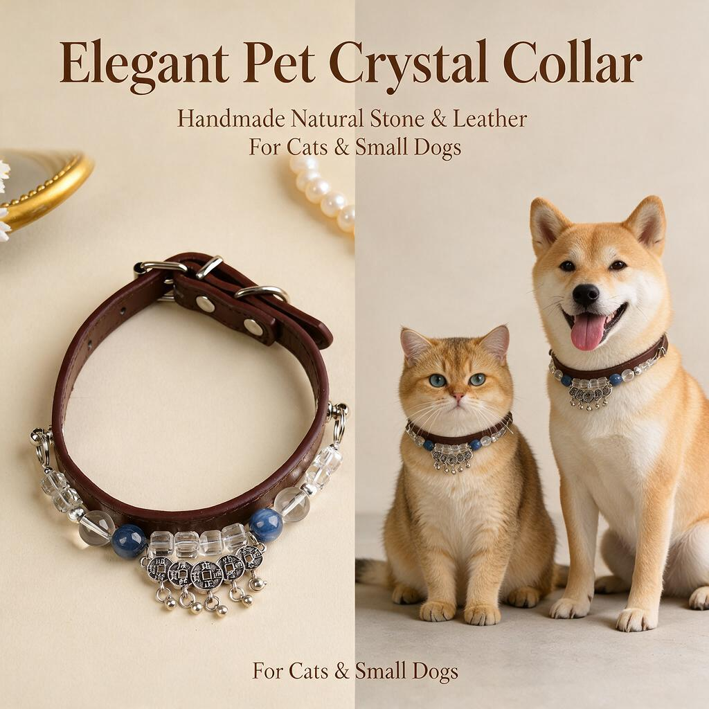 Handmade Natural Crystal Leather Pet Collar for Cats & Dogs | Durable & Stylish Inlaid Genuine Crystal, Calms Anxious Pets & Creates Peaceful Mood, Unique Gift for Small & Medium Sized Dogs and Cats
