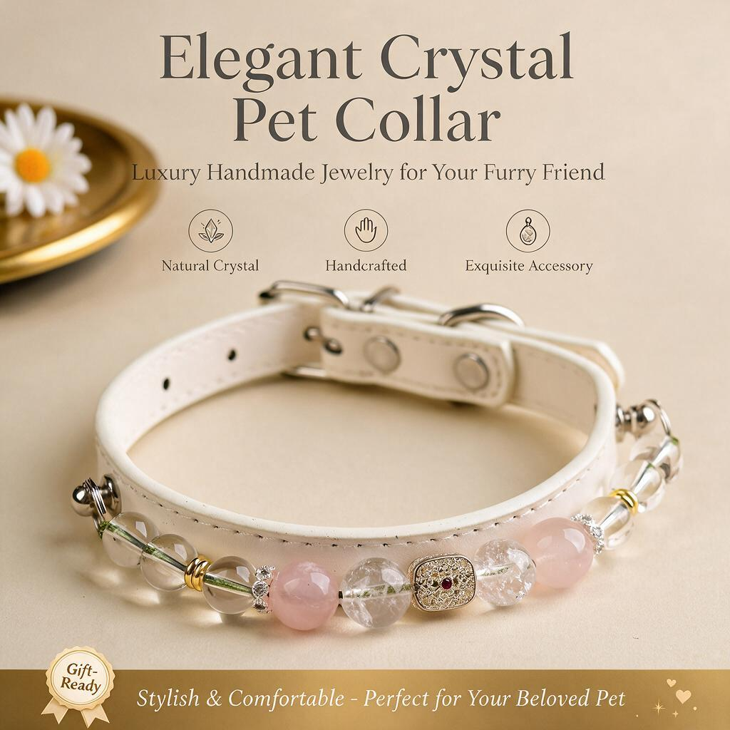 Handmade Natural Crystal Leather Pet Collar for Cats & Dogs | Durable & Stylish Inlaid Genuine Crystal, Calms Anxious Pets & Creates Peaceful Mood, Unique Gift for Small & Medium Sized Dogs and Cats