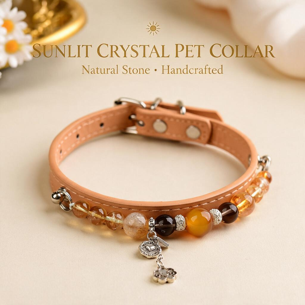 Handmade Natural Crystal Leather Pet Collar for Cats & Dogs | Durable & Stylish Inlaid Genuine Crystal, Calms Anxious Pets & Creates Peaceful Mood, Unique Gift for Small & Medium Sized Dogs and Cats