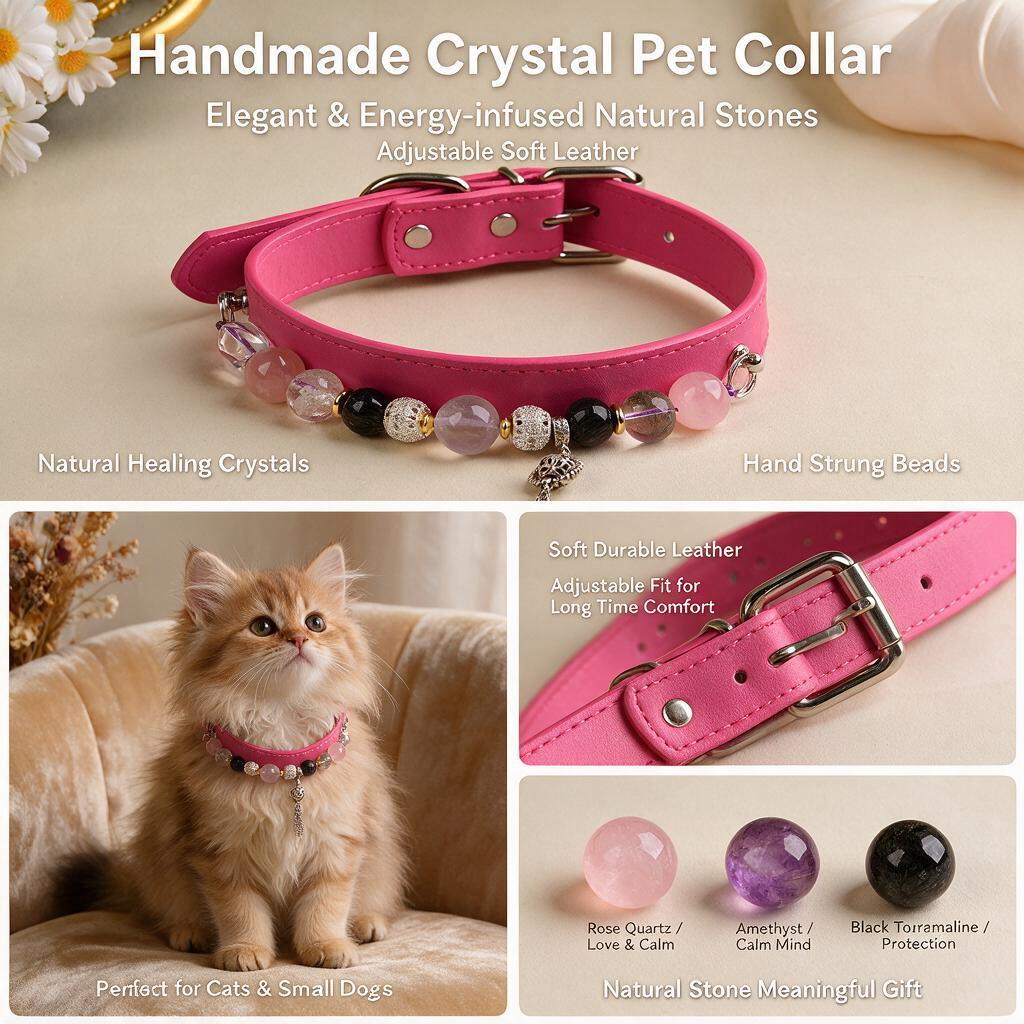 Handmade Natural Crystal Leather Pet Collar for Cats & Dogs | Durable & Stylish Inlaid Genuine Crystal, Calms Anxious Pets & Creates Peaceful Mood, Unique Gift for Small & Medium Sized Dogs and Cats