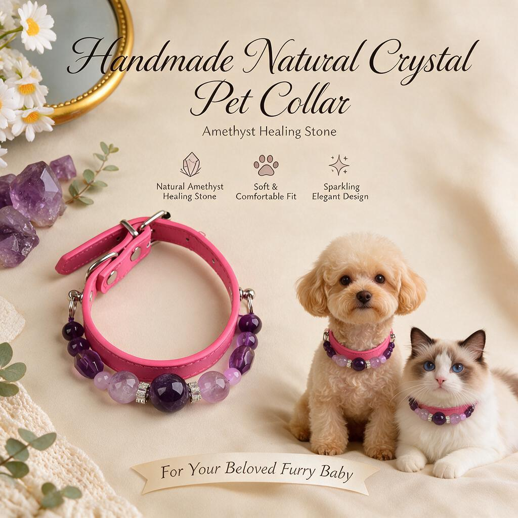 Handmade Natural Crystal Leather Pet Collar for Cats & Dogs | Durable & Stylish Inlaid Genuine Crystal, Calms Anxious Pets & Creates Peaceful Mood, Unique Gift for Small & Medium Sized Dogs and Cats