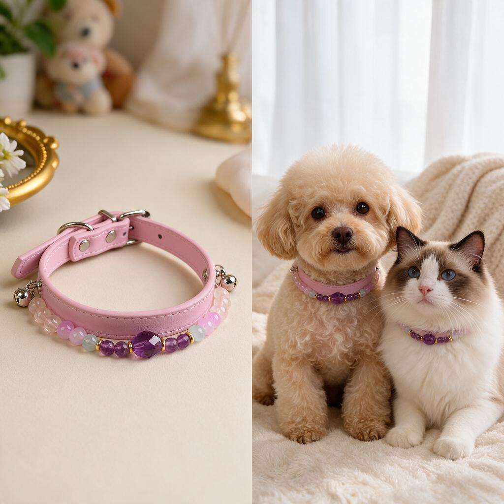 Handmade Natural Crystal Leather Pet Collar for Cats & Dogs | Durable & Stylish Inlaid Genuine Crystal, Calms Anxious Pets & Creates Peaceful Mood, Unique Gift for Small & Medium Sized Dogs and Cats