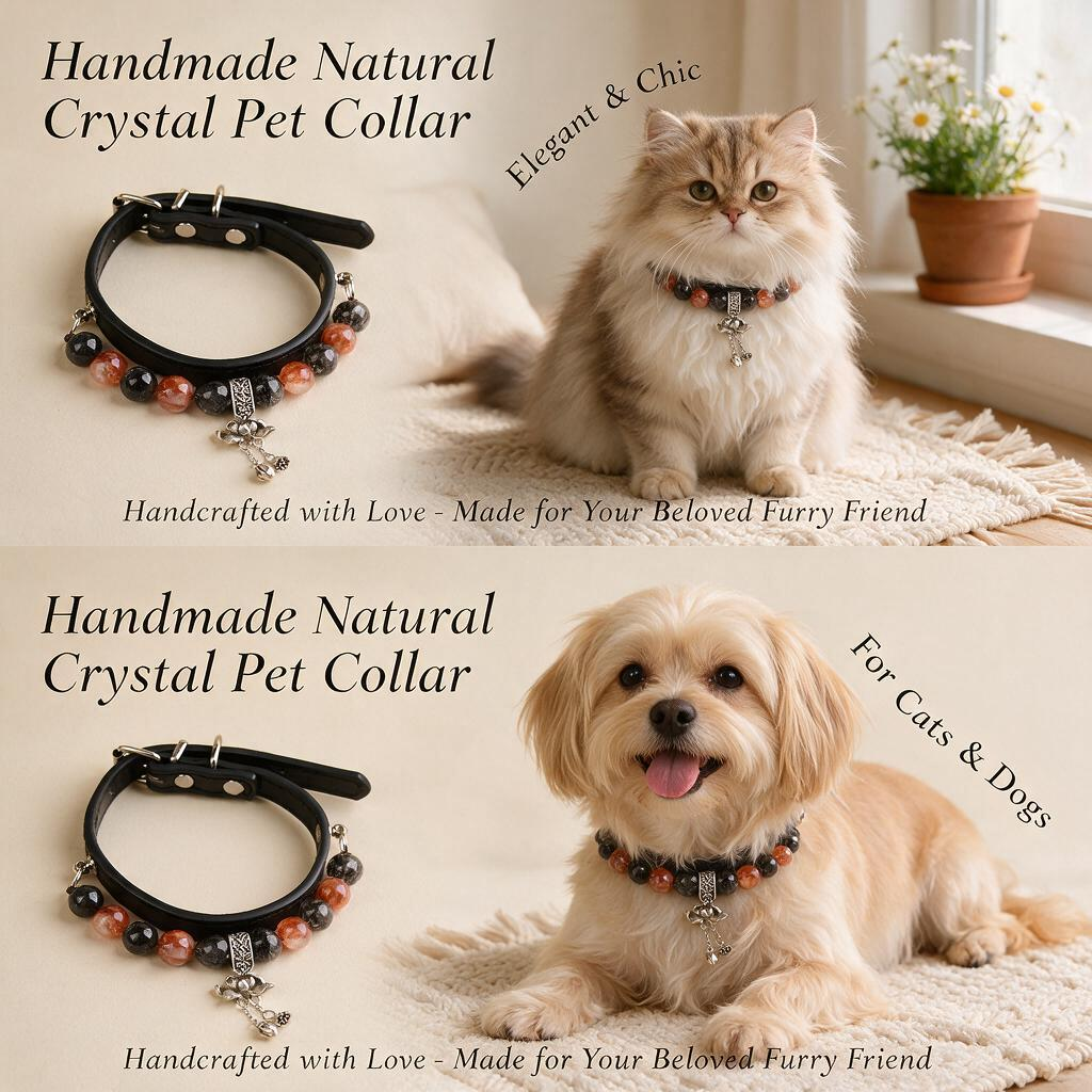 Handmade Natural Crystal Leather Pet Collar for Cats & Dogs | Durable & Stylish Inlaid Genuine Crystal, Calms Anxious Pets & Creates Peaceful Mood, Unique Gift for Small & Medium Sized Dogs and Cats