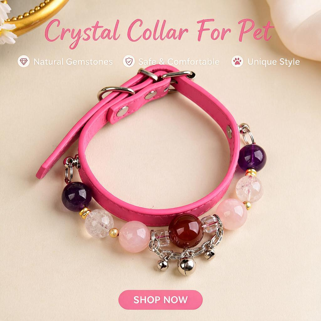 Handmade Natural Crystal Leather Pet Collar for Cats & Dogs | Durable & Stylish Inlaid Genuine Crystal, Calms Anxious Pets & Creates Peaceful Mood, Unique Gift for Small & Medium Sized Dogs and Cats