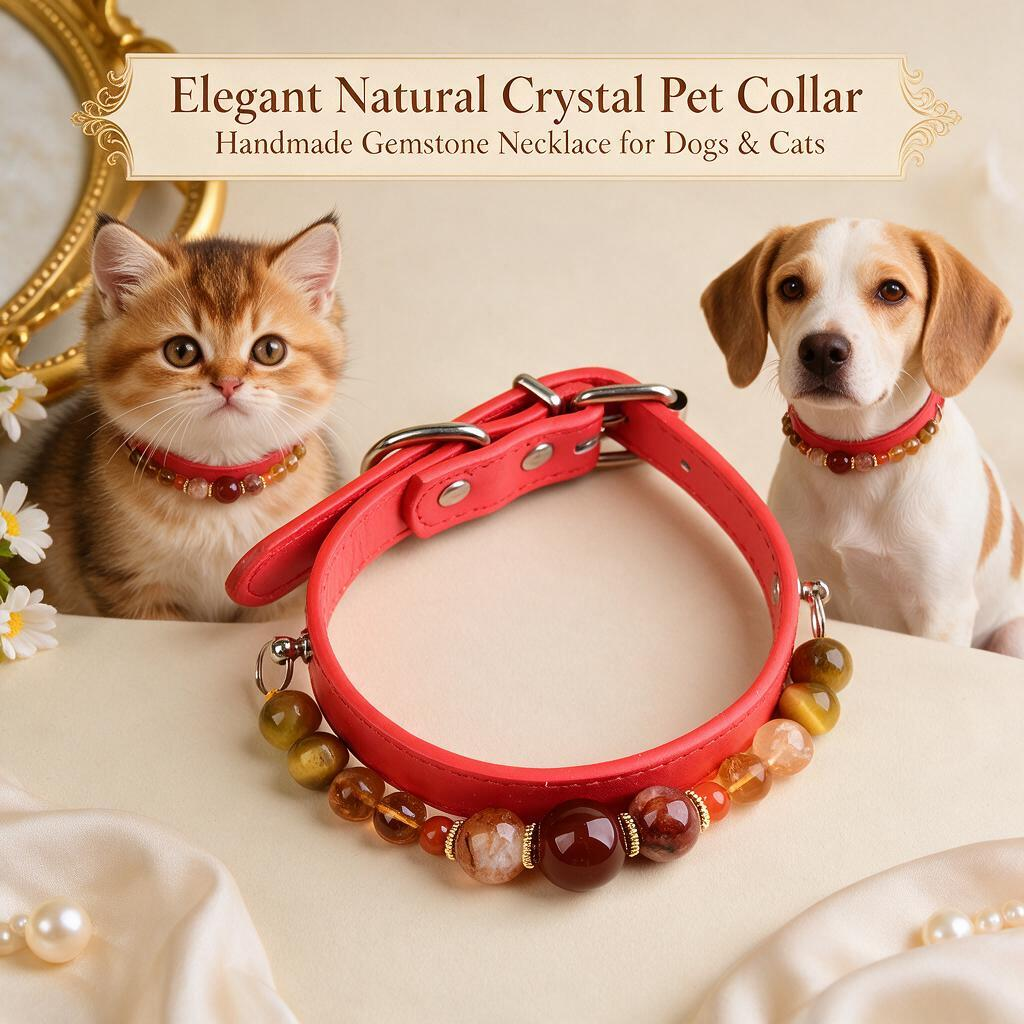 Handmade Natural Crystal Leather Pet Collar for Cats & Dogs | Durable & Stylish Inlaid Genuine Crystal, Calms Anxious Pets & Creates Peaceful Mood, Unique Gift for Small & Medium Sized Dogs and Cats