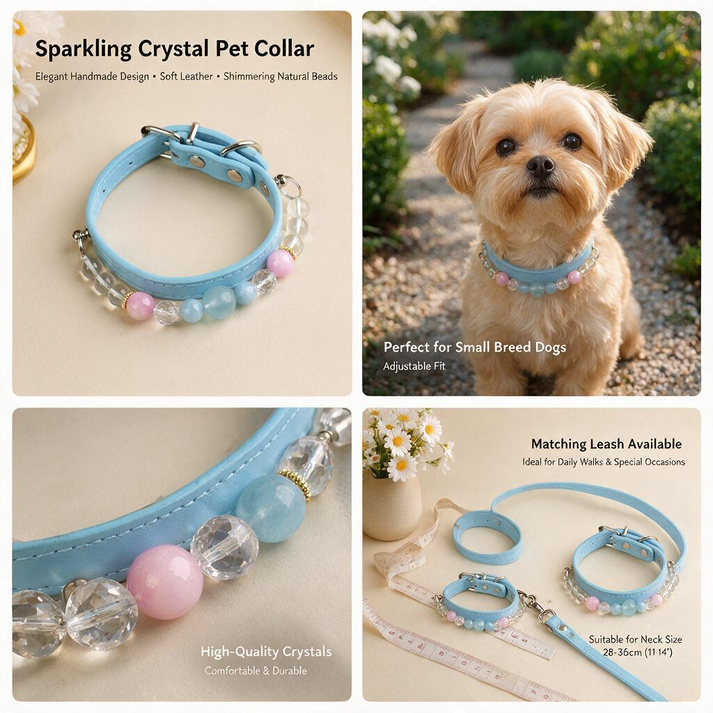 Handmade Natural Crystal Leather Pet Collar for Cats & Dogs | Durable & Stylish Inlaid Genuine Crystal, Calms Anxious Pets & Creates Peaceful Mood, Unique Gift for Small & Medium Sized Dogs and Cats