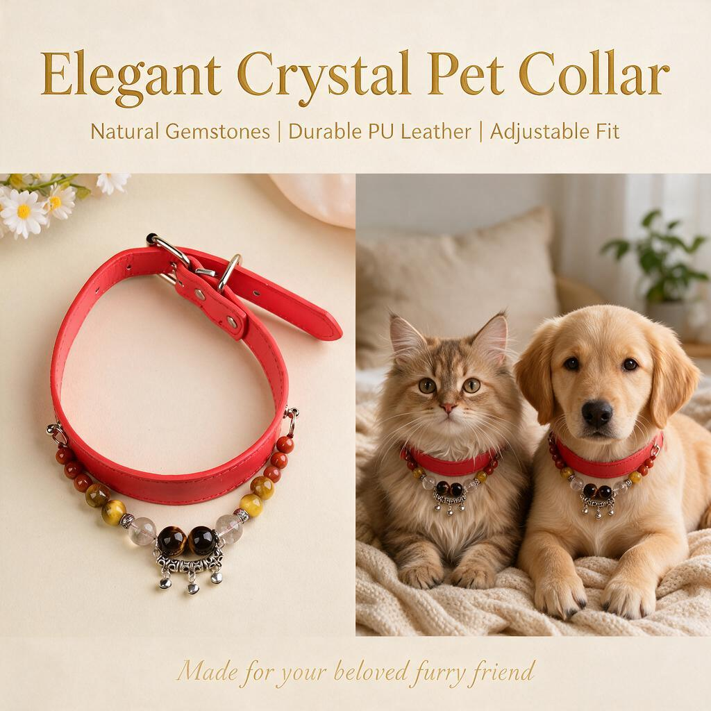 Handmade Natural Crystal Leather Pet Collar for Cats & Dogs | Durable & Stylish Inlaid Genuine Crystal, Calms Anxious Pets & Creates Peaceful Mood, Unique Gift for Small & Medium Sized Dogs and Cats