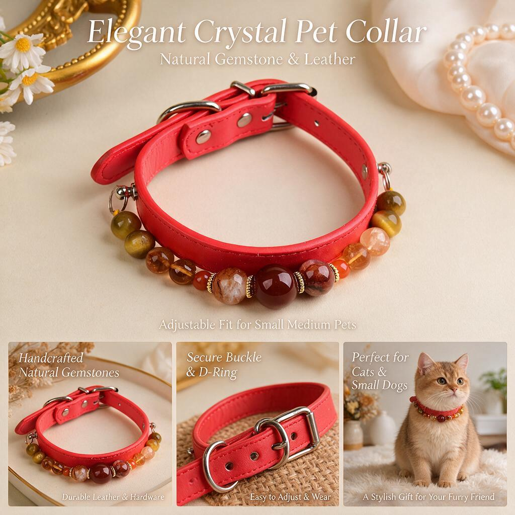 Handmade Natural Crystal Leather Pet Collar for Cats & Dogs | Durable & Stylish Inlaid Genuine Crystal, Calms Anxious Pets & Creates Peaceful Mood, Unique Gift for Small & Medium Sized Dogs and Cats