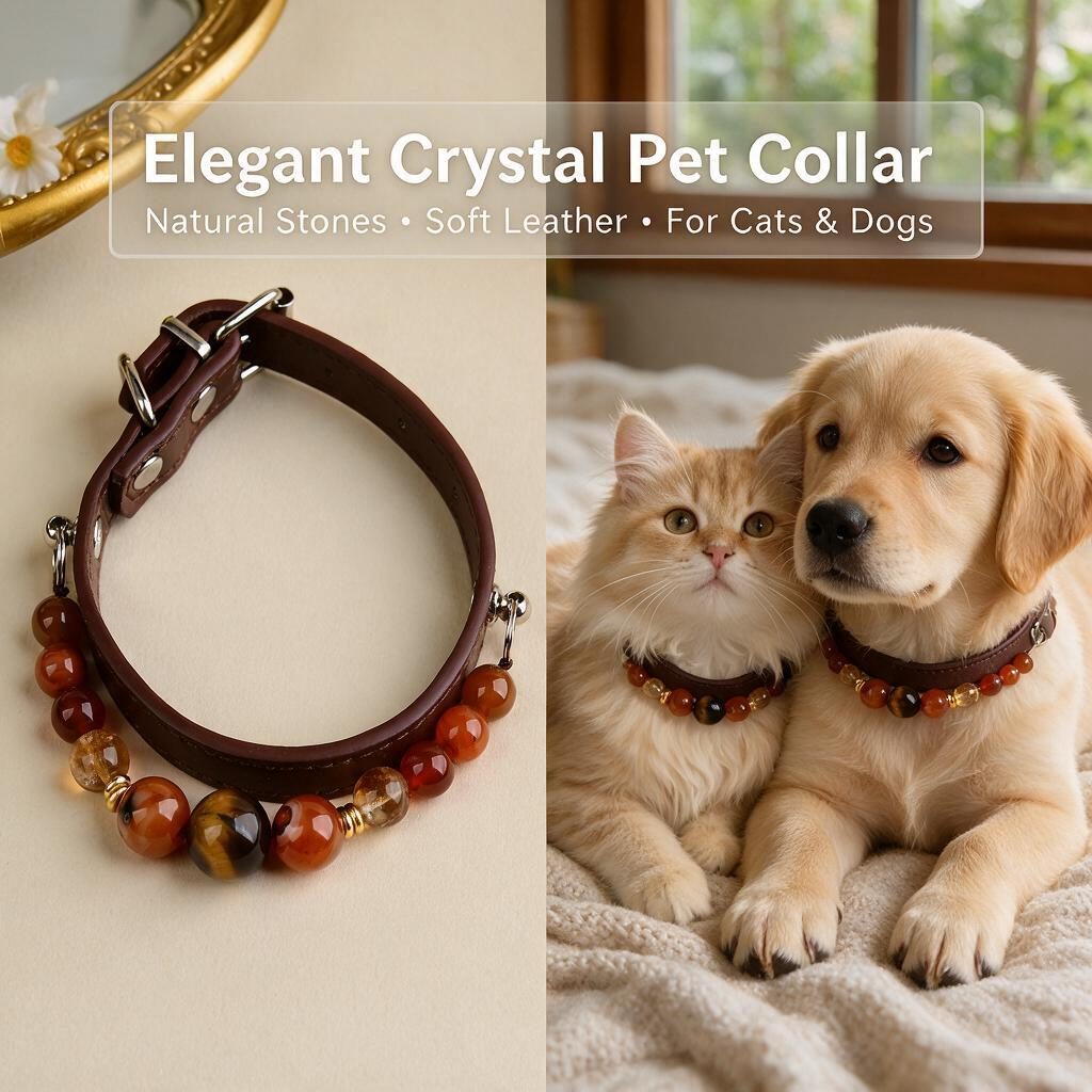 Handmade Natural Crystal Leather Pet Collar for Cats & Dogs | Durable & Stylish Inlaid Genuine Crystal, Calms Anxious Pets & Creates Peaceful Mood, Unique Gift for Small & Medium Sized Dogs and Cats